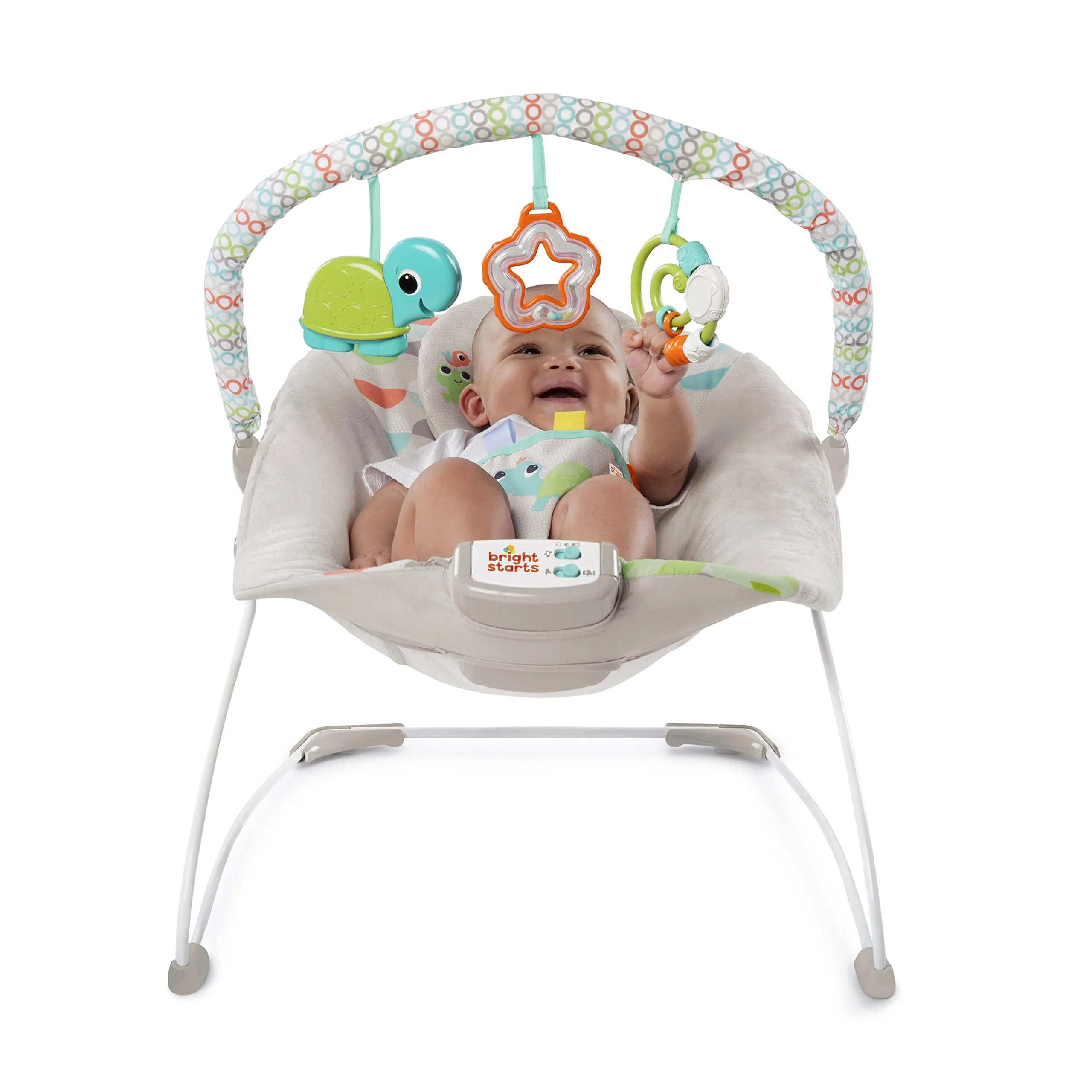 Bright Starts Seggiolino Vibrante Rilassante per Neonati Happy Safari, Taggies, Musica, Barra Giocattoli Rimovibile, 0-6 Mesi fino a 9 kg - immagine 3