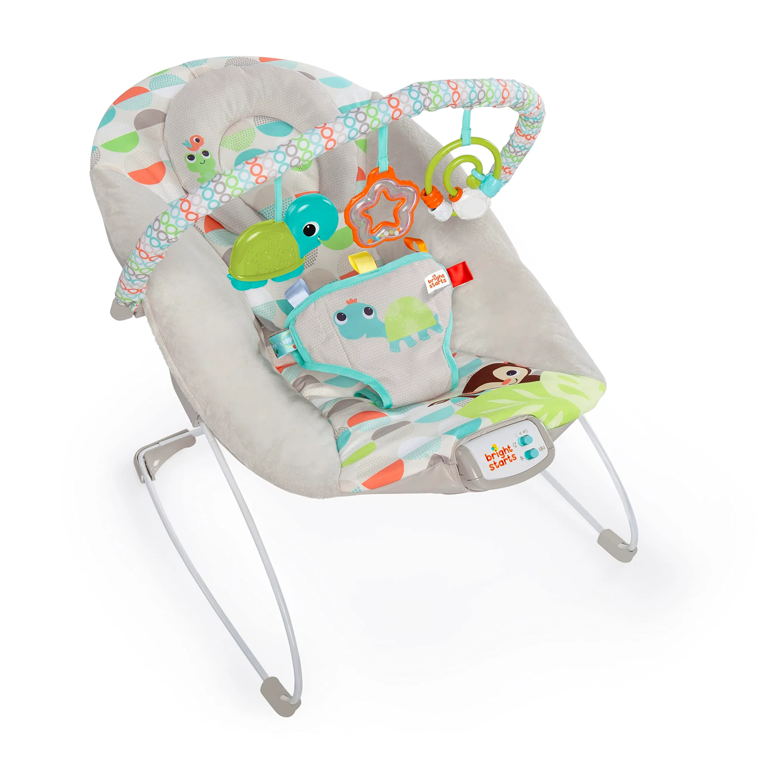 Bright Starts Seggiolino Vibrante Rilassante per Neonati Happy Safari, Taggies, Musica, Barra Giocattoli Rimovibile, 0-6 Mesi fino a 9 kg - immagine 4