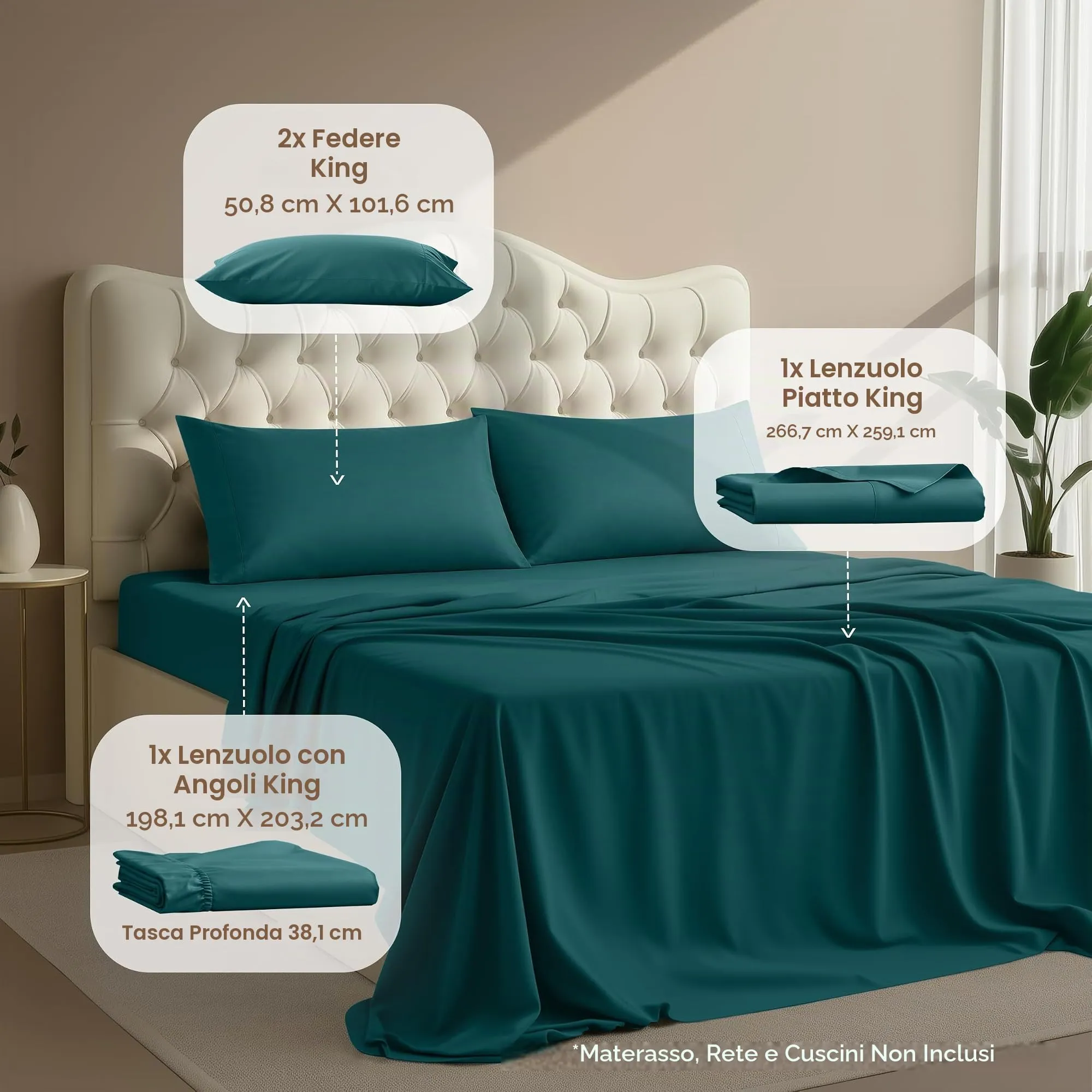 Utopia Bedding Set di lenzuola in microfibra spazzolata, 4 pezzi, King Size, Color Foglia di tè - immagine 2