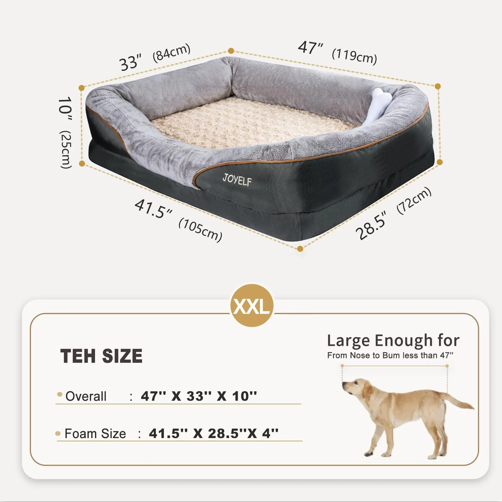 JOYELF Letto per cani ortopedico XXL in memory foam con fodera lavabile e giocattolo, 119 x 84 x 25 cm - immagine 2