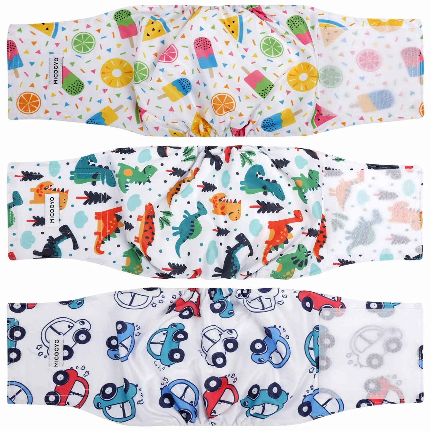 MICOOYO Pannolini Riutilizzabili per Cani, Fasce per Pancia Lavabili, Taglia M, Confezione da 3 Pezzi (Animali con Frutta, Auto) - immagine 1