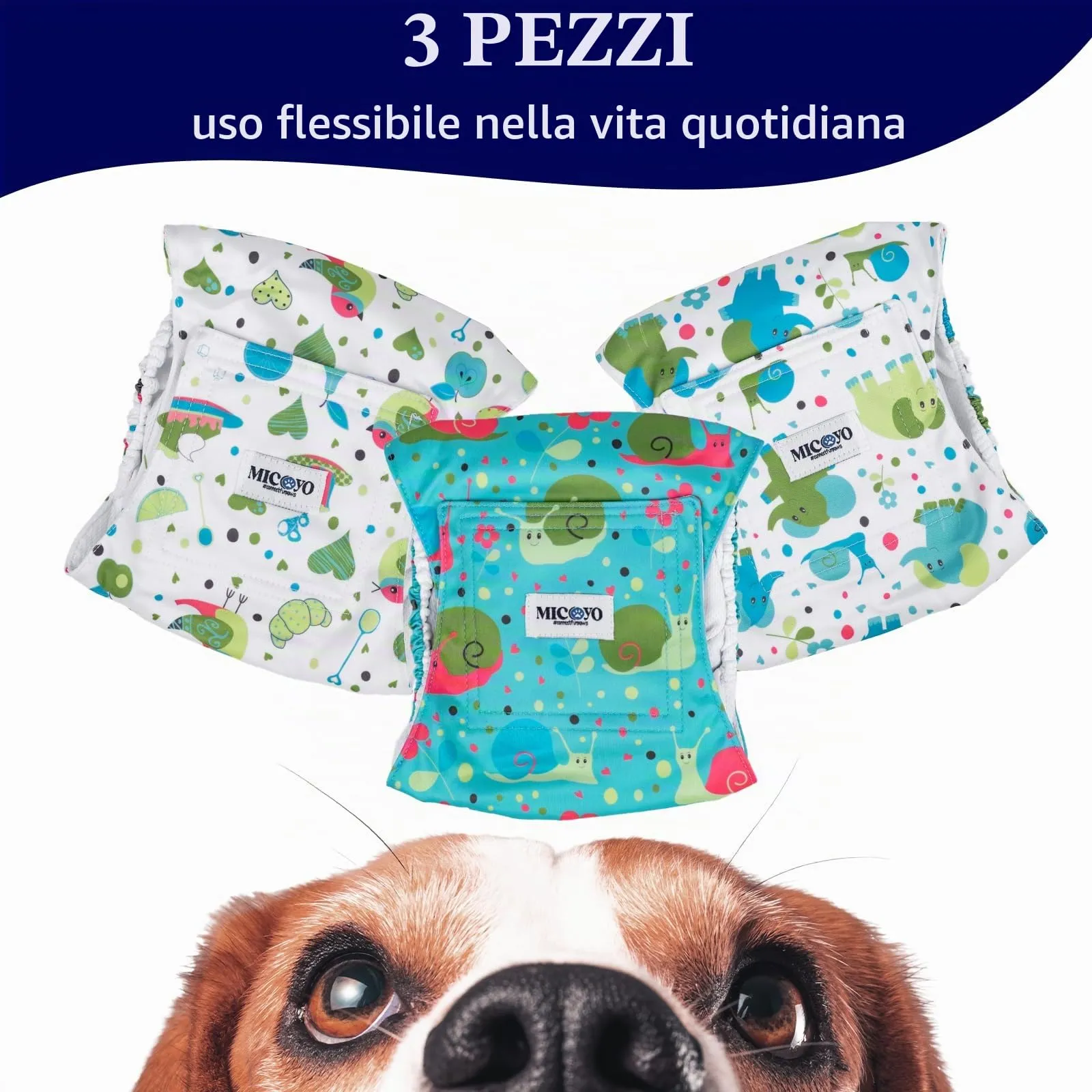 Micooyo Pannolini Riutilizzabili per Cani Maschi, Fasce Addominali Lavabili, 3 Pezzi, XS (Elefanti, Lumache, Uccelli) - immagine 3