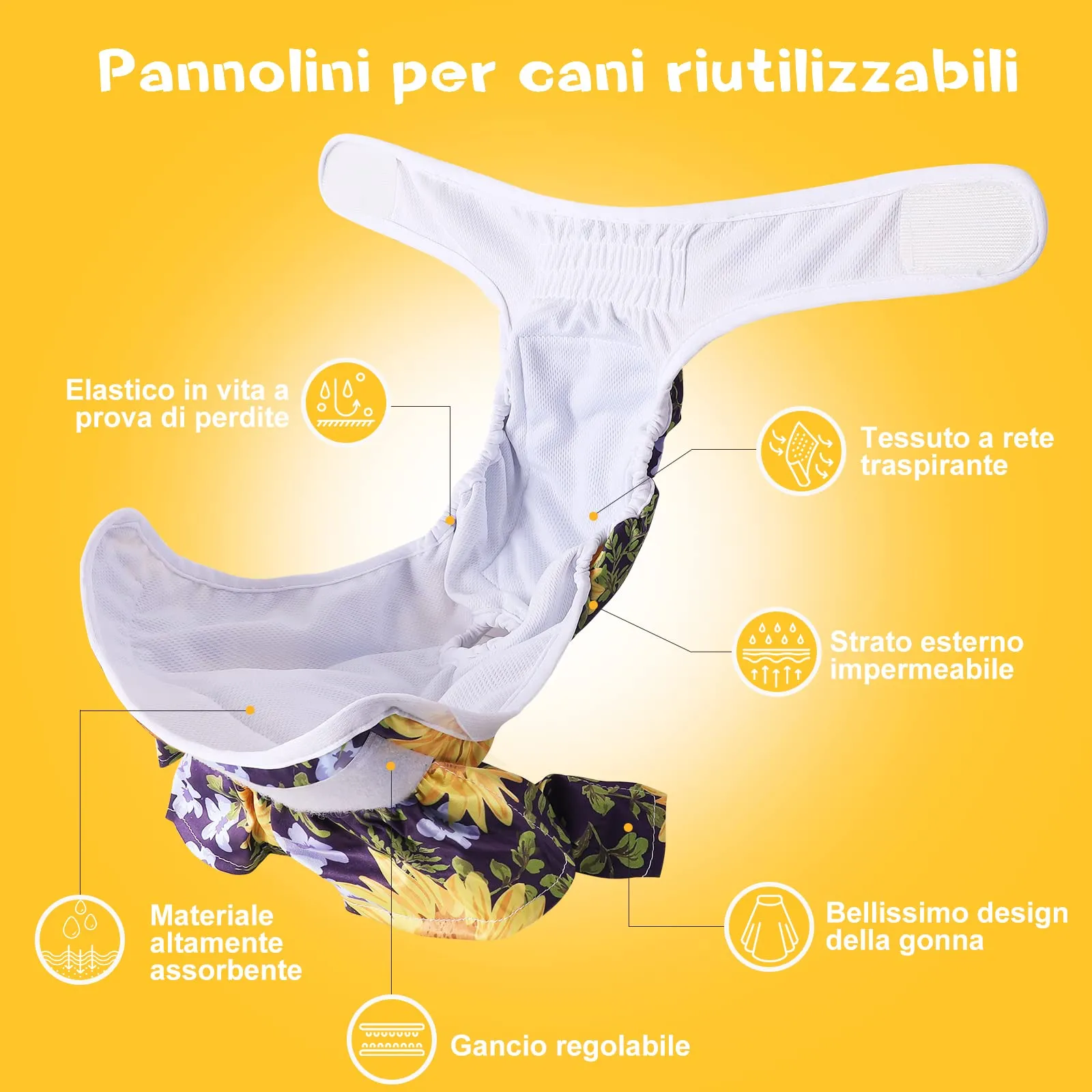 COMSLE Pannolini per Cani Femmina Lavabili e Riutilizzabili, Taglia S, Pack di 3 pezzi, Fiore di sole - immagine 3