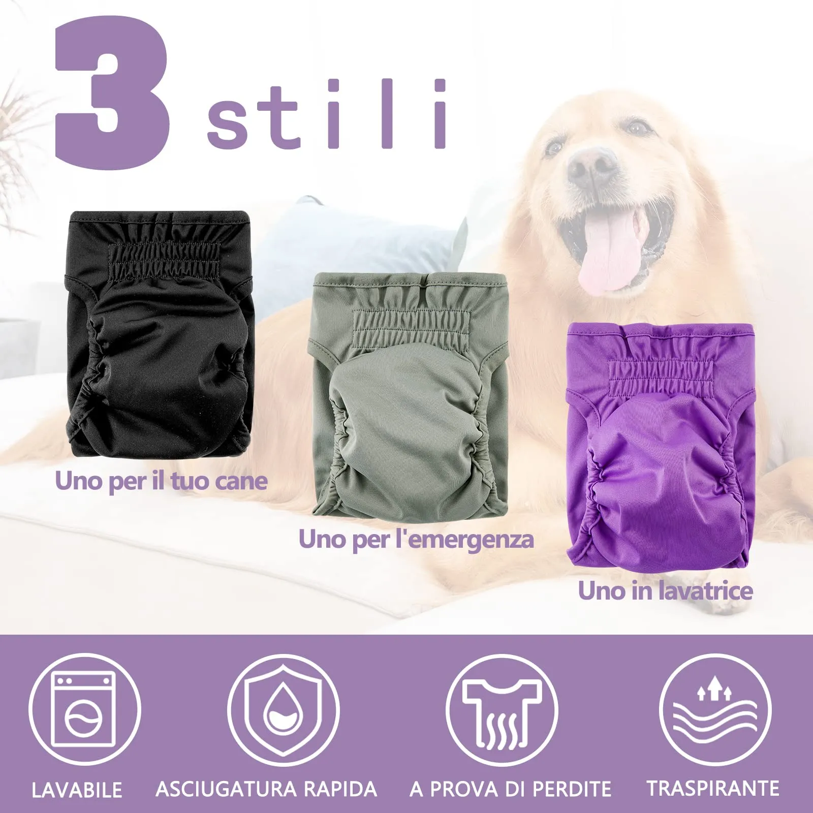 COMSLE Pannolini Lavabili e Riutilizzabili per Cani Femmina, Pack di 3, XL, Viola - immagine 4