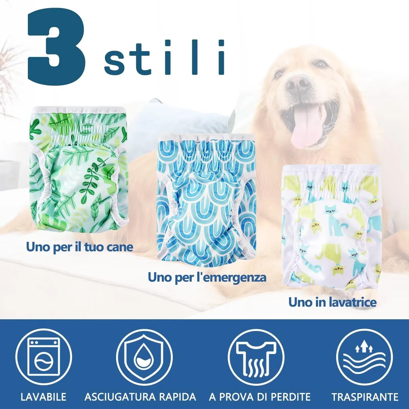 COMSLE Pannolini Lavabili e Riutilizzabili per Cani Femmina, Taglia M, Pack di 3 pezzi, Foglie verdi - immagine 5