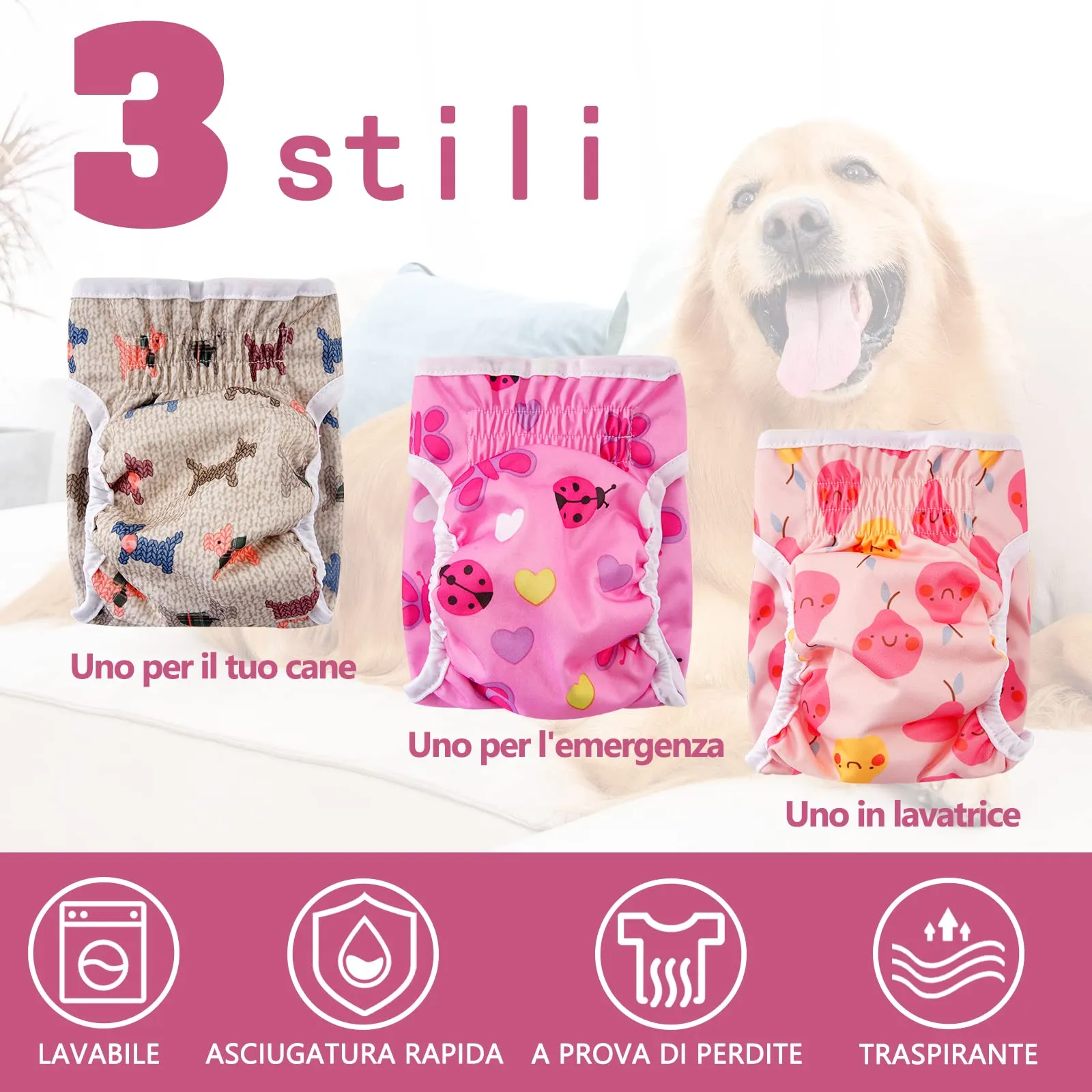 COMSLE Pannolini Lavabili e Riutilizzabili per Cani Femmina, Pack di 3 pezzi, Taglia L, Fiore rosa - immagine 5