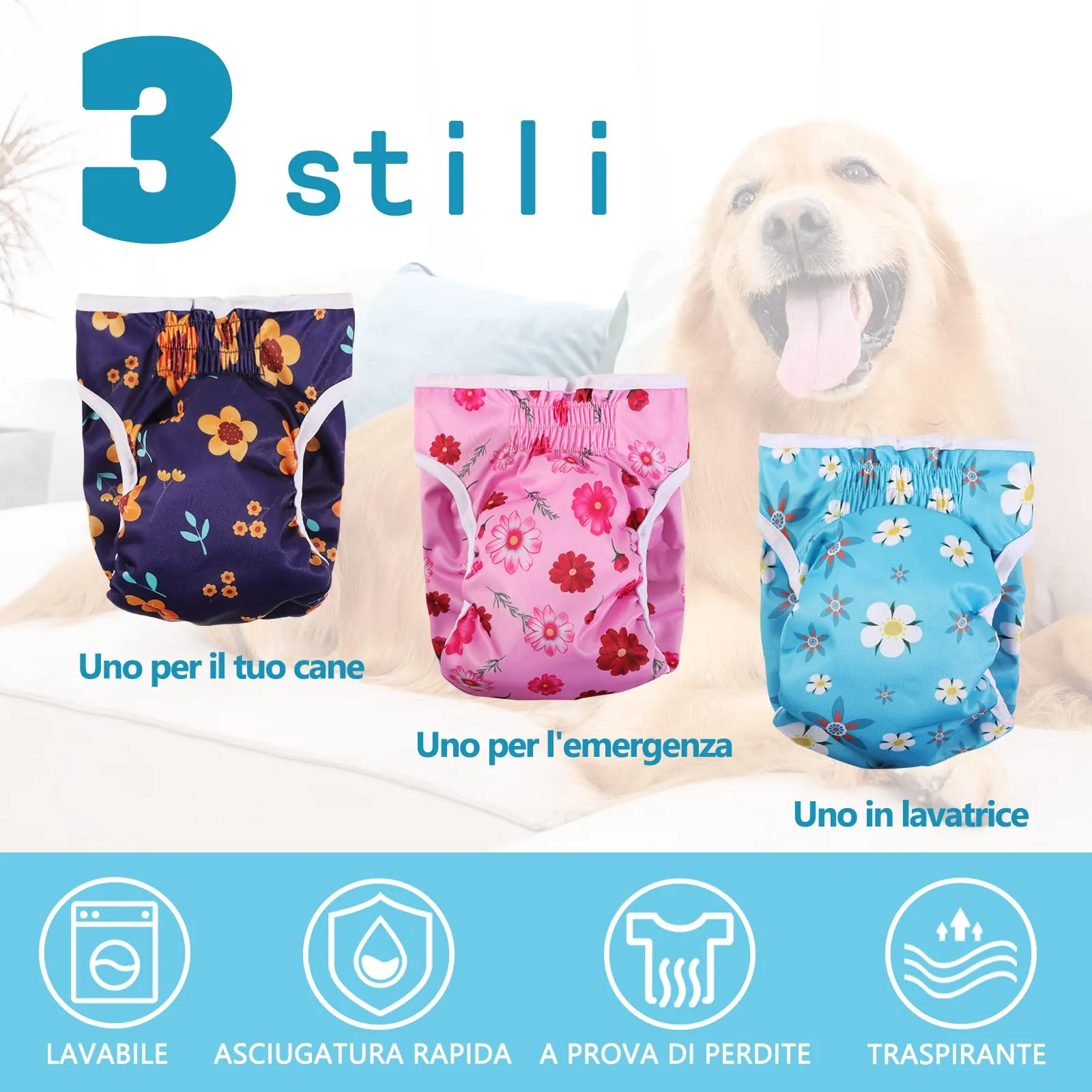 COMSLE Pannolini Lavabili e Riutilizzabili per Cani Femmina, Taglia L, Pack di 3 Pezzi, Fiore Carino - immagine 5