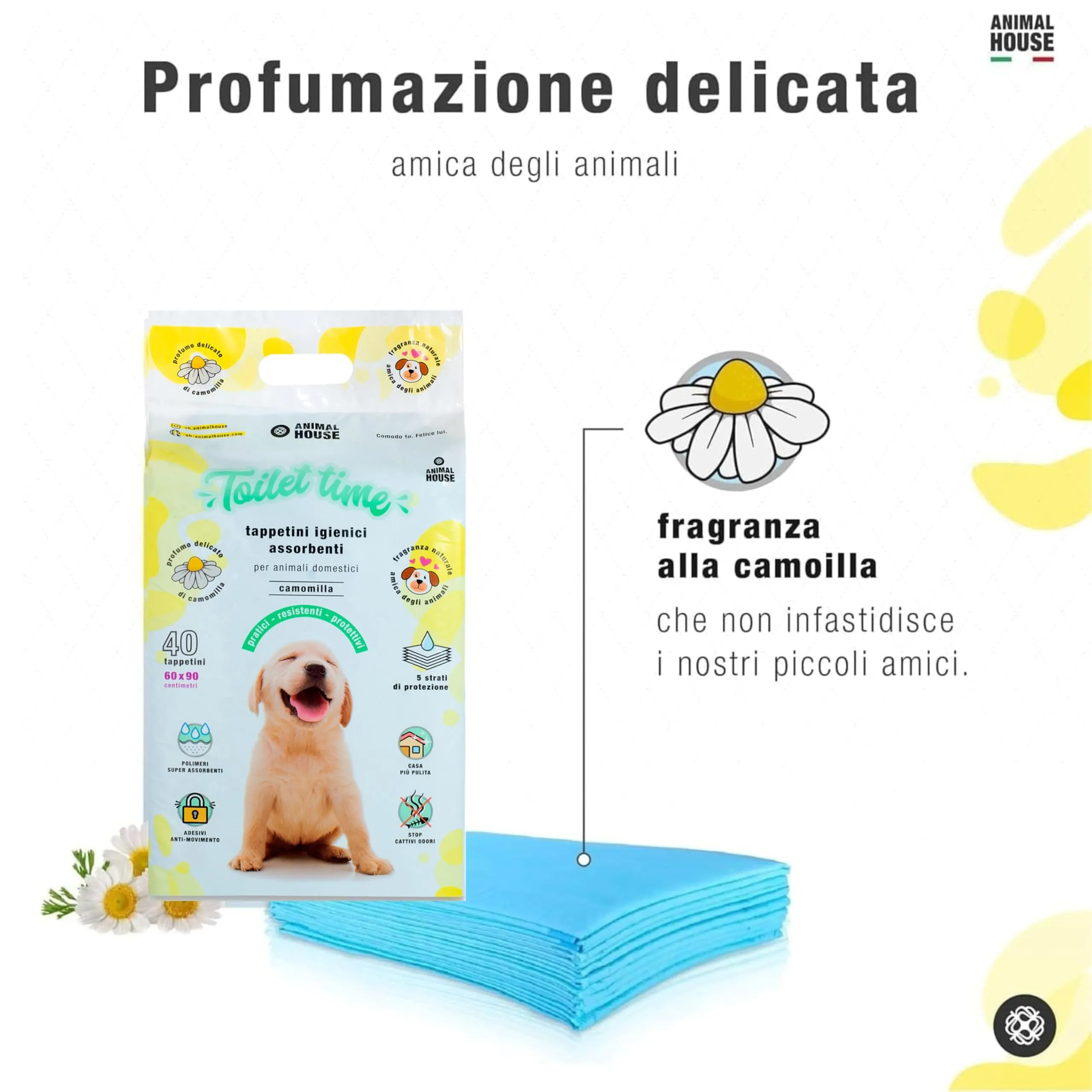 Animal House Tappetini Igienici Assorbenti Camomilla, 60x90 cm, 40 Pezzi - immagine 7