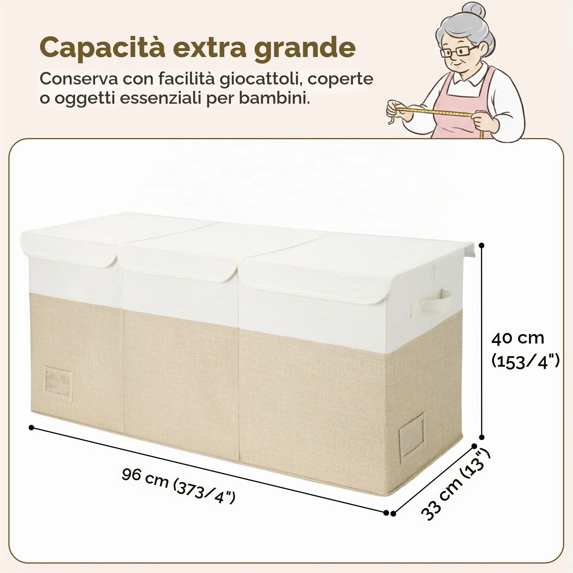 GRANNY SAYS Scatola portaoggetti pieghevole in tessuto con coperchio, Bianco&Kaki, 96 x 33 x 40 cm - immagine 2