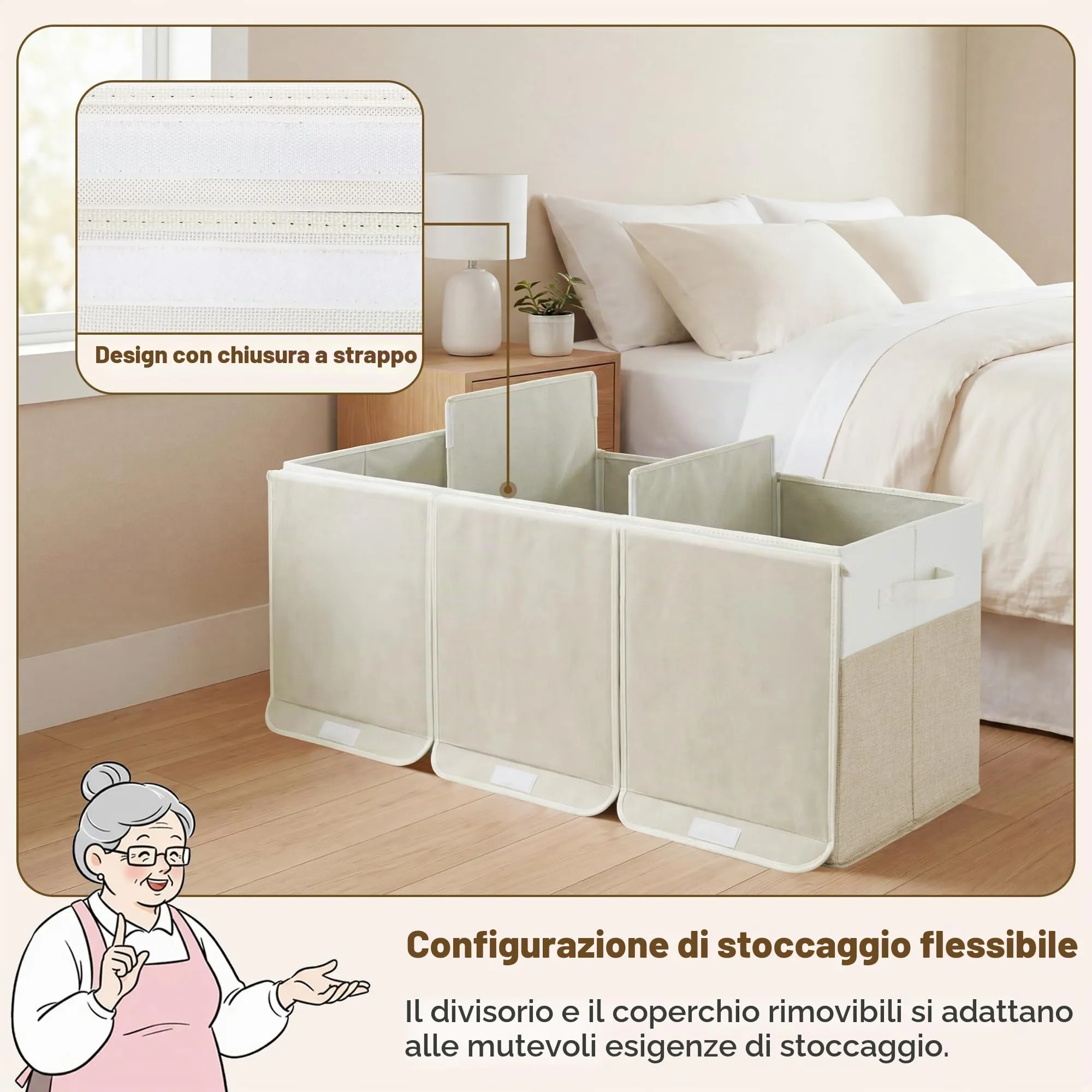 GRANNY SAYS Scatola portaoggetti pieghevole in tessuto con coperchio, Bianco&Kaki, 96 x 33 x 40 cm - immagine 3