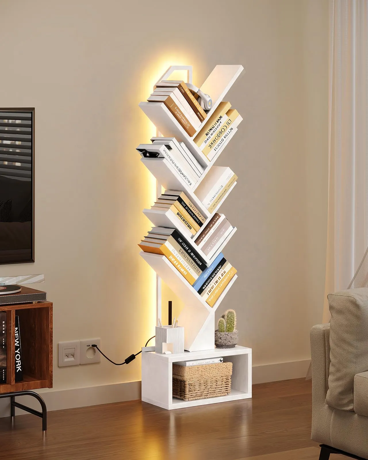 Coleshome Libreria ad Albero LED, 8 Ripiani, 115cm, Bianco - immagine 2