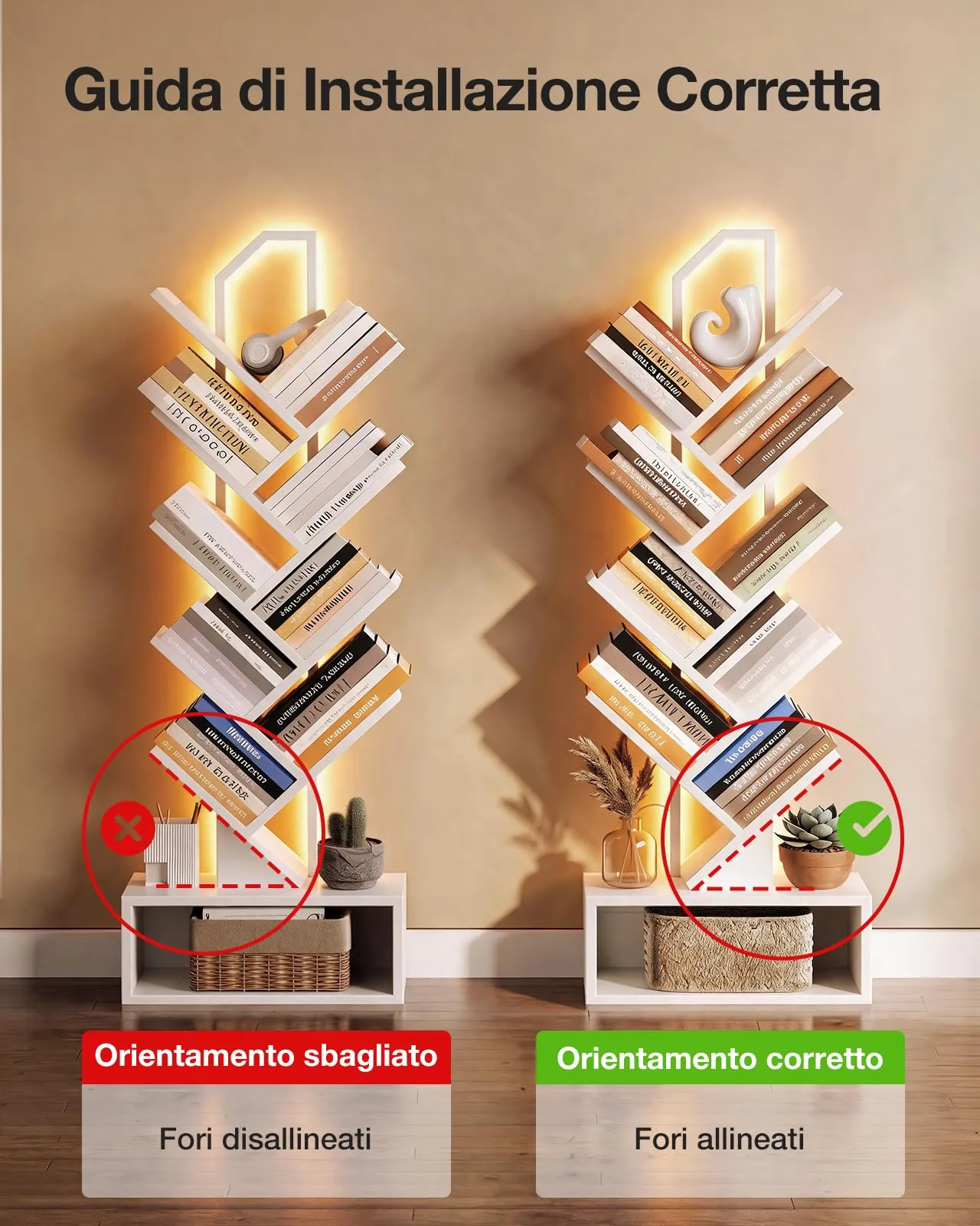 Coleshome Libreria ad Albero LED, 8 Ripiani, 115cm, Bianco - immagine 3