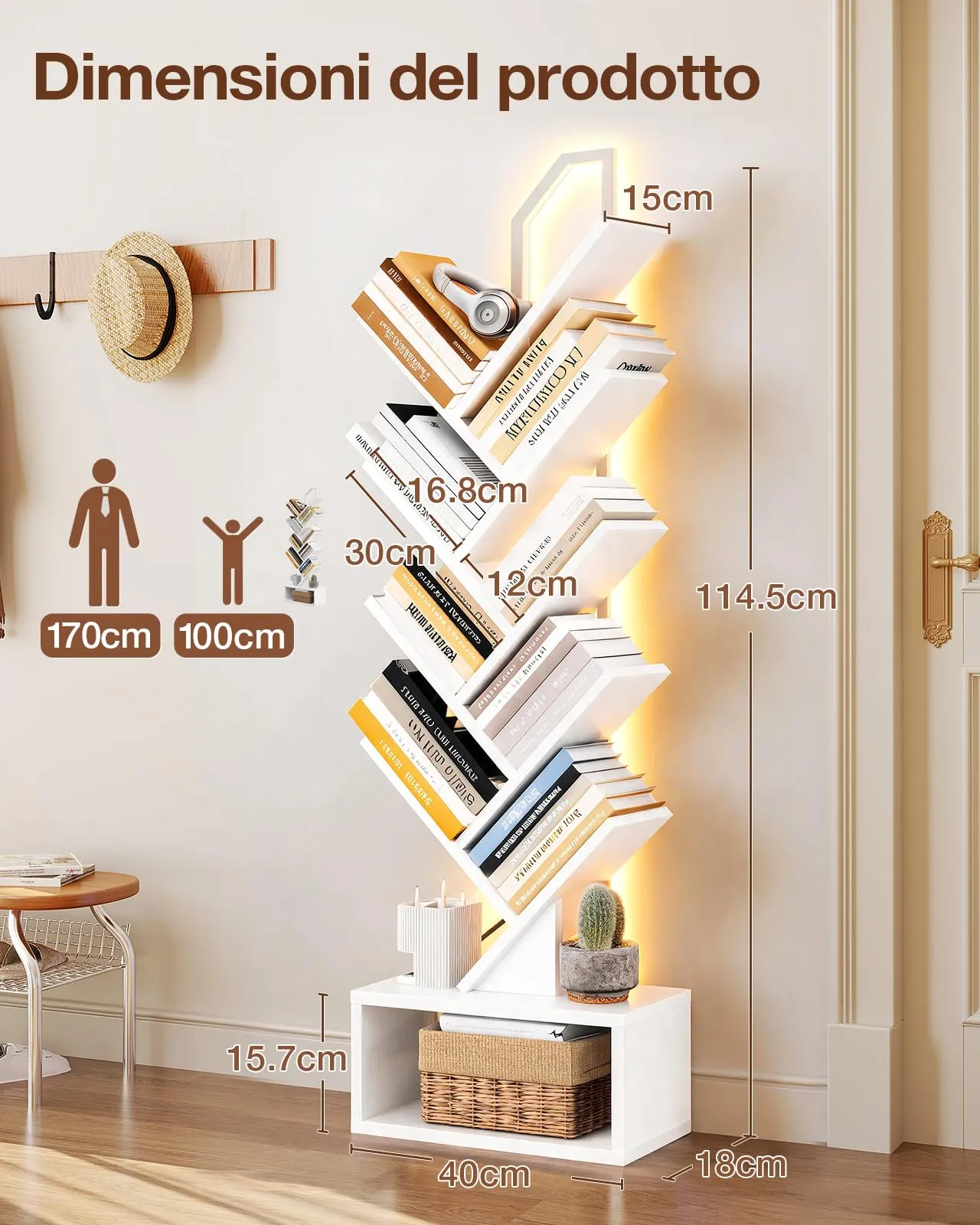 Coleshome Libreria ad Albero LED, 8 Ripiani, 115cm, Bianco - immagine 4