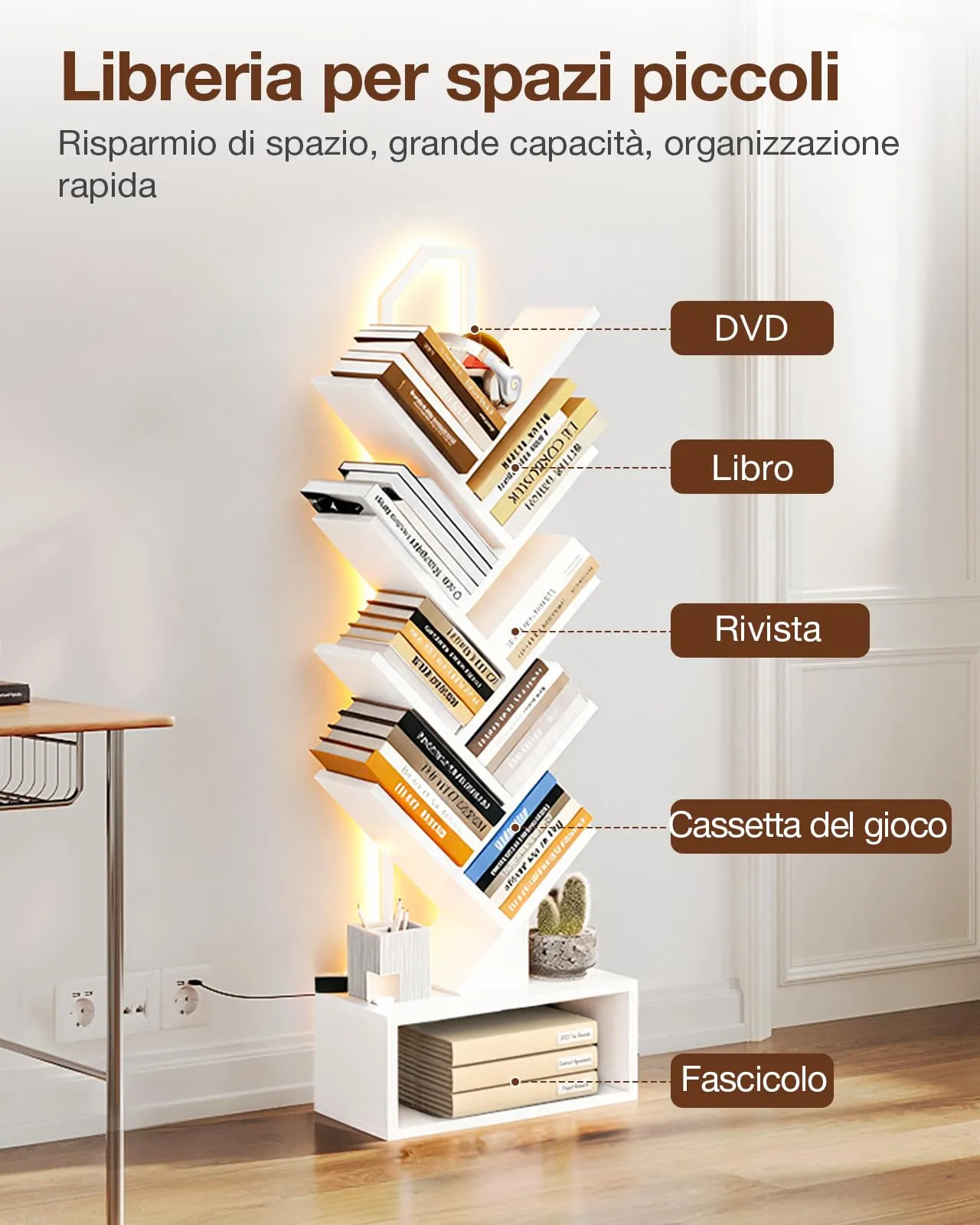Coleshome Libreria ad Albero LED, 8 Ripiani, 115cm, Bianco - immagine 5