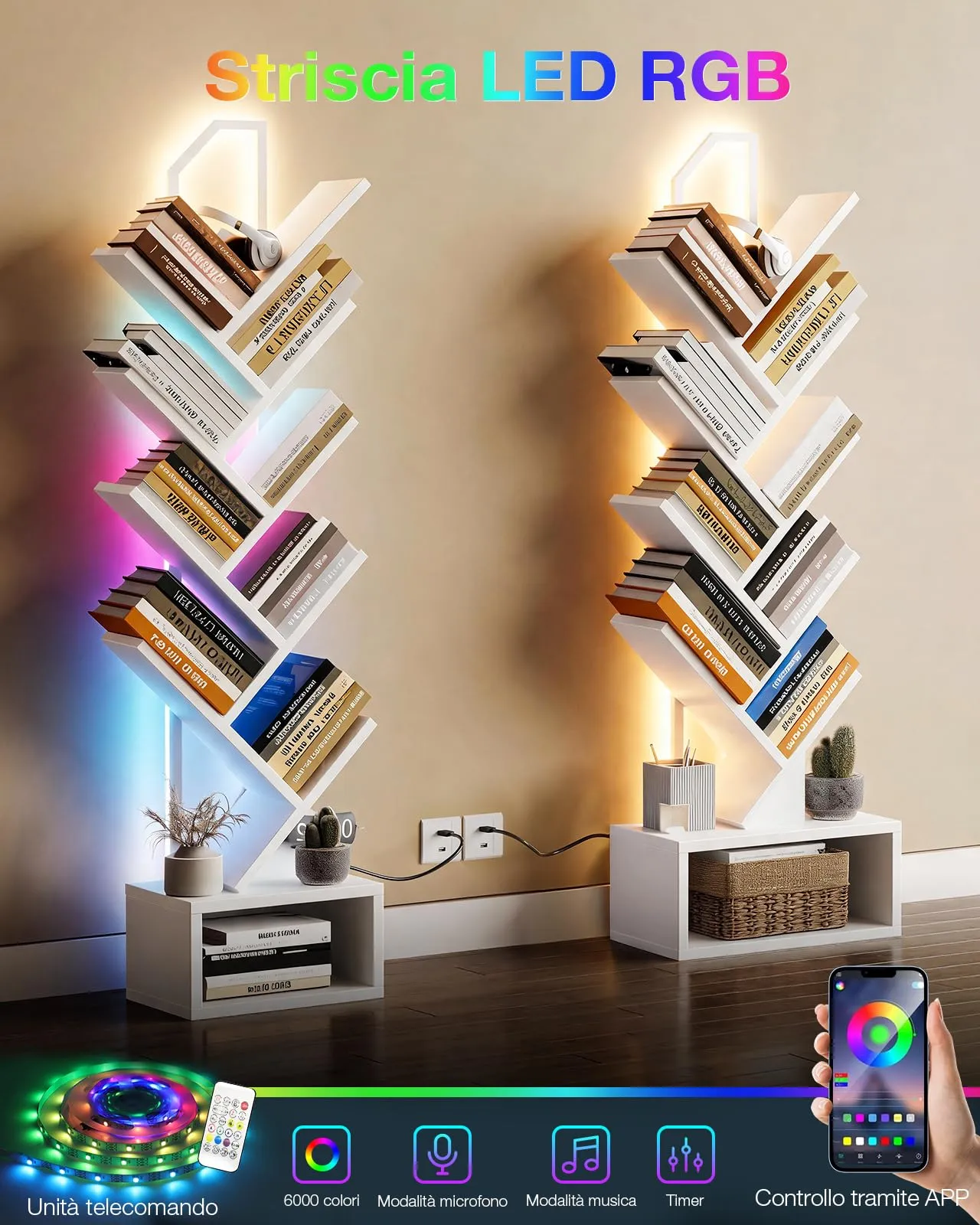 Coleshome Libreria ad Albero LED, 8 Ripiani, 115cm, Bianco - immagine 7
