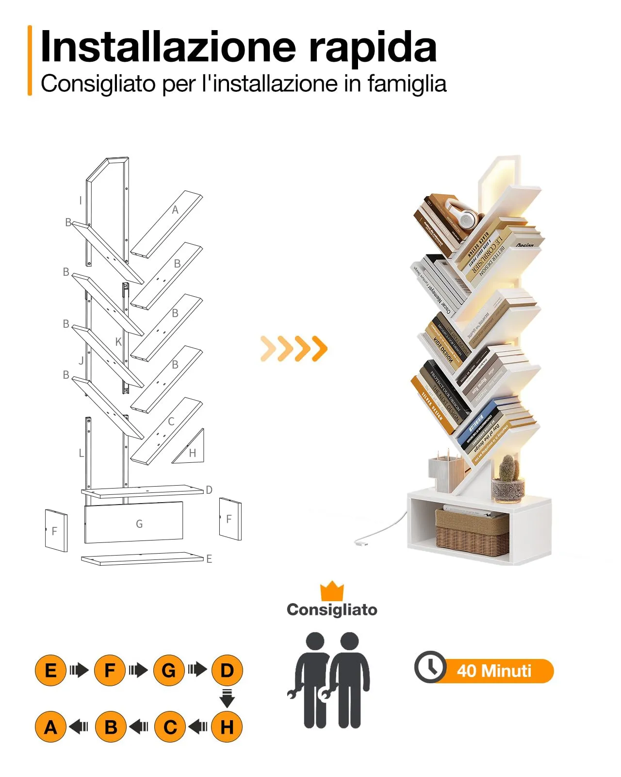 Coleshome Libreria ad Albero LED, 8 Ripiani, 115cm, Bianco - immagine 8