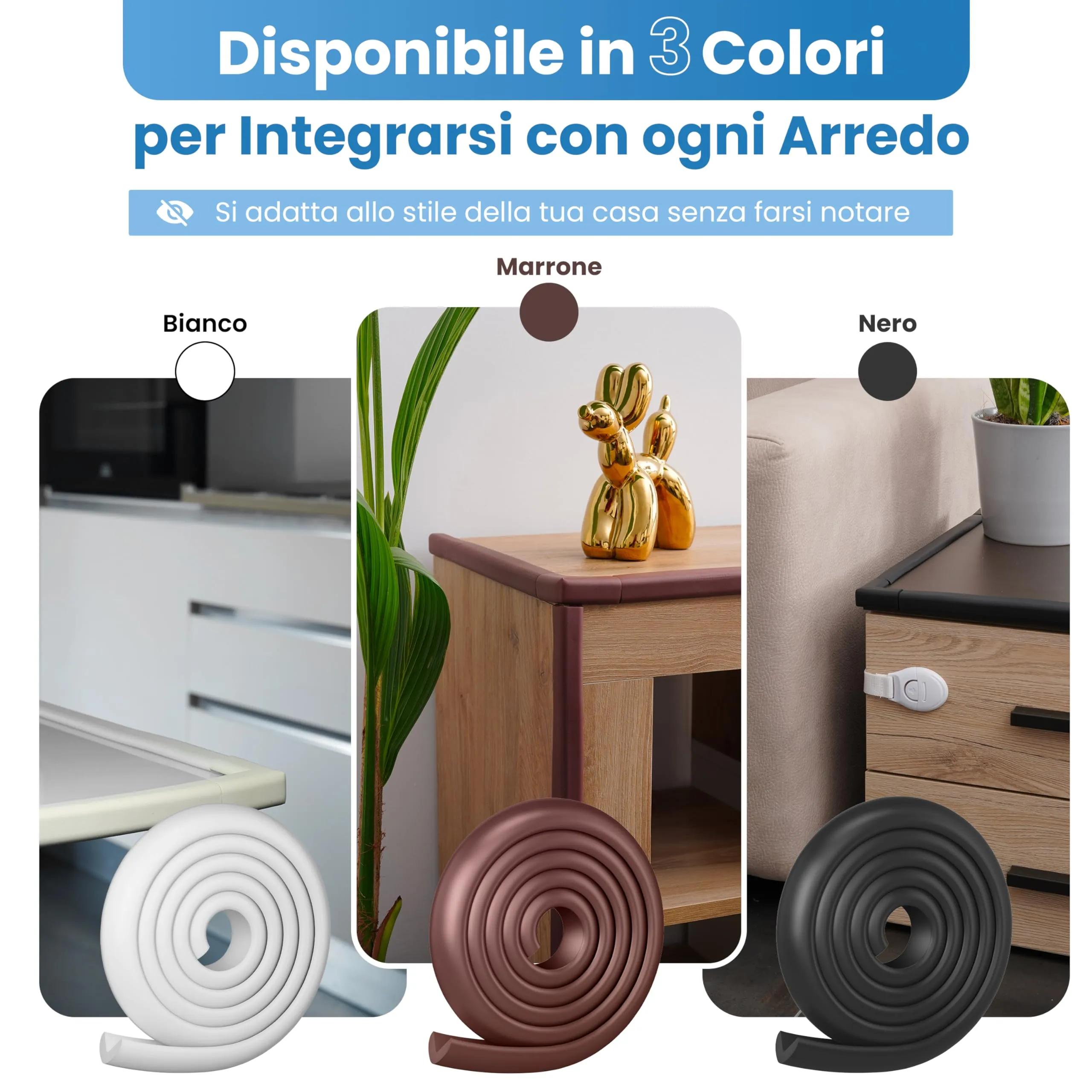 Happy Chlea Kit Sicurezza Casa: 2m Parabordi, 4 Angolari in Gomma con Schiuma Attiva e 2 Blocca Cassetti - immagine 7