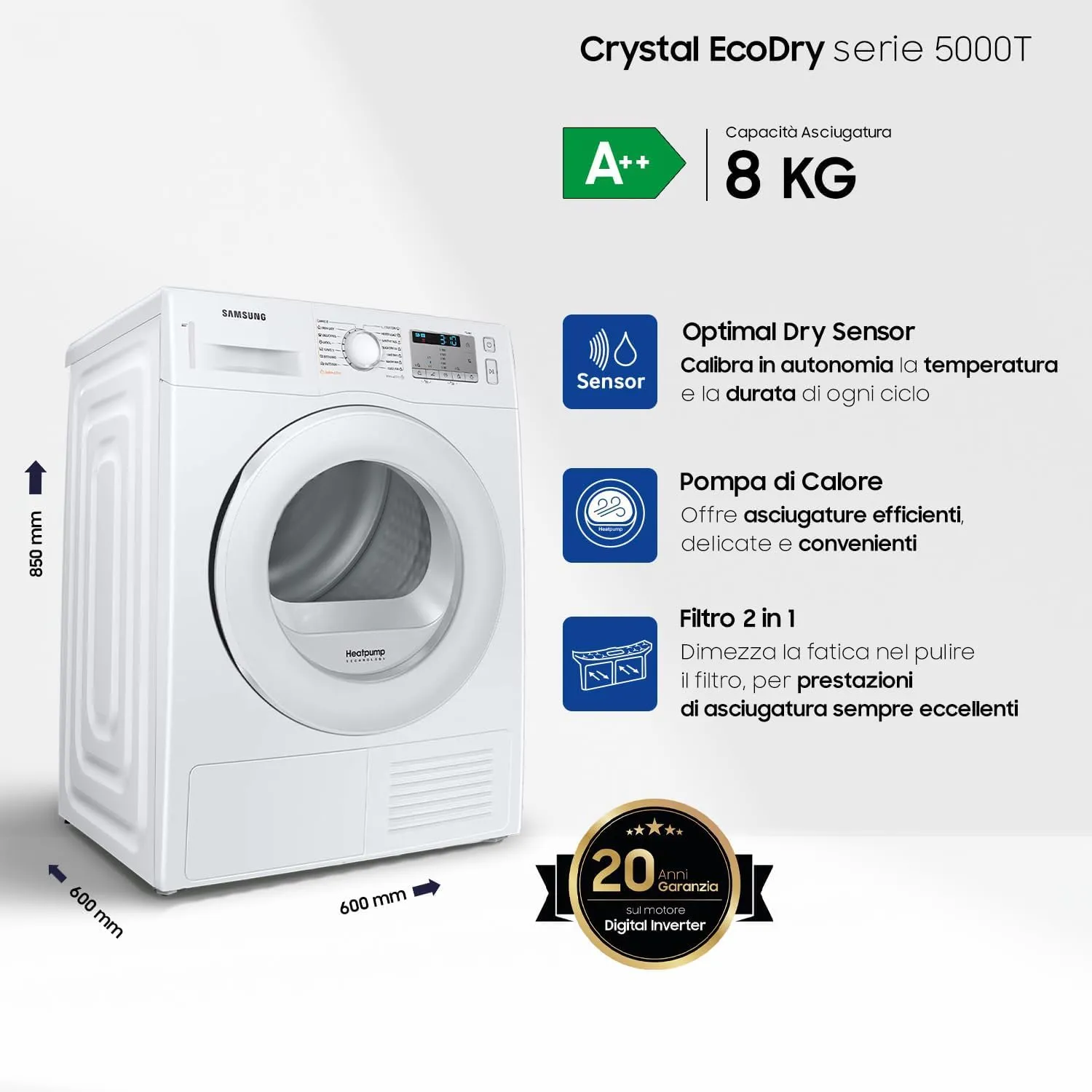 Samsung Crystal Ecodry DV80TA020TH/ET Asciugatrice Pompa di Calore 8 kg, Bianco - immagine 2