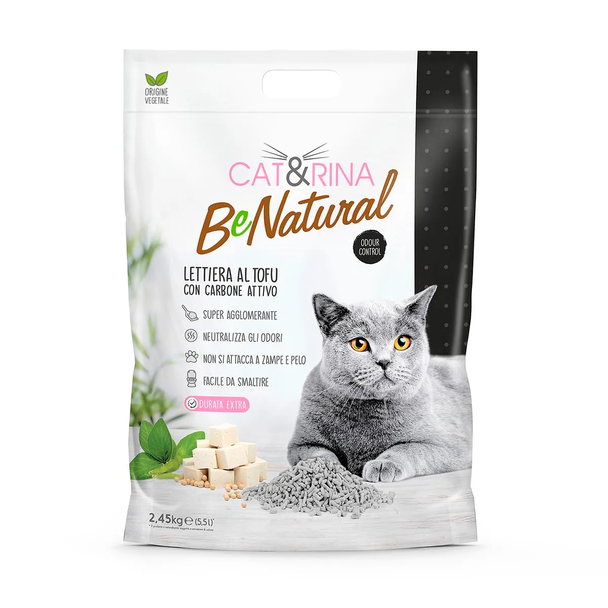Cat&Rina BeNatural Lettiera per Gatti al Tofu Agglomerante Vegetale ai Carboni Attivi, 5,5l - immagine 1