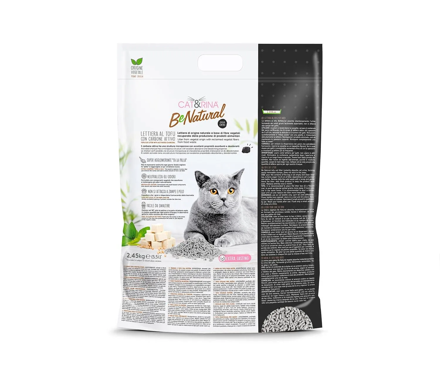 Cat&Rina BeNatural Lettiera per Gatti al Tofu Agglomerante Vegetale ai Carboni Attivi, 5,5l - immagine 3