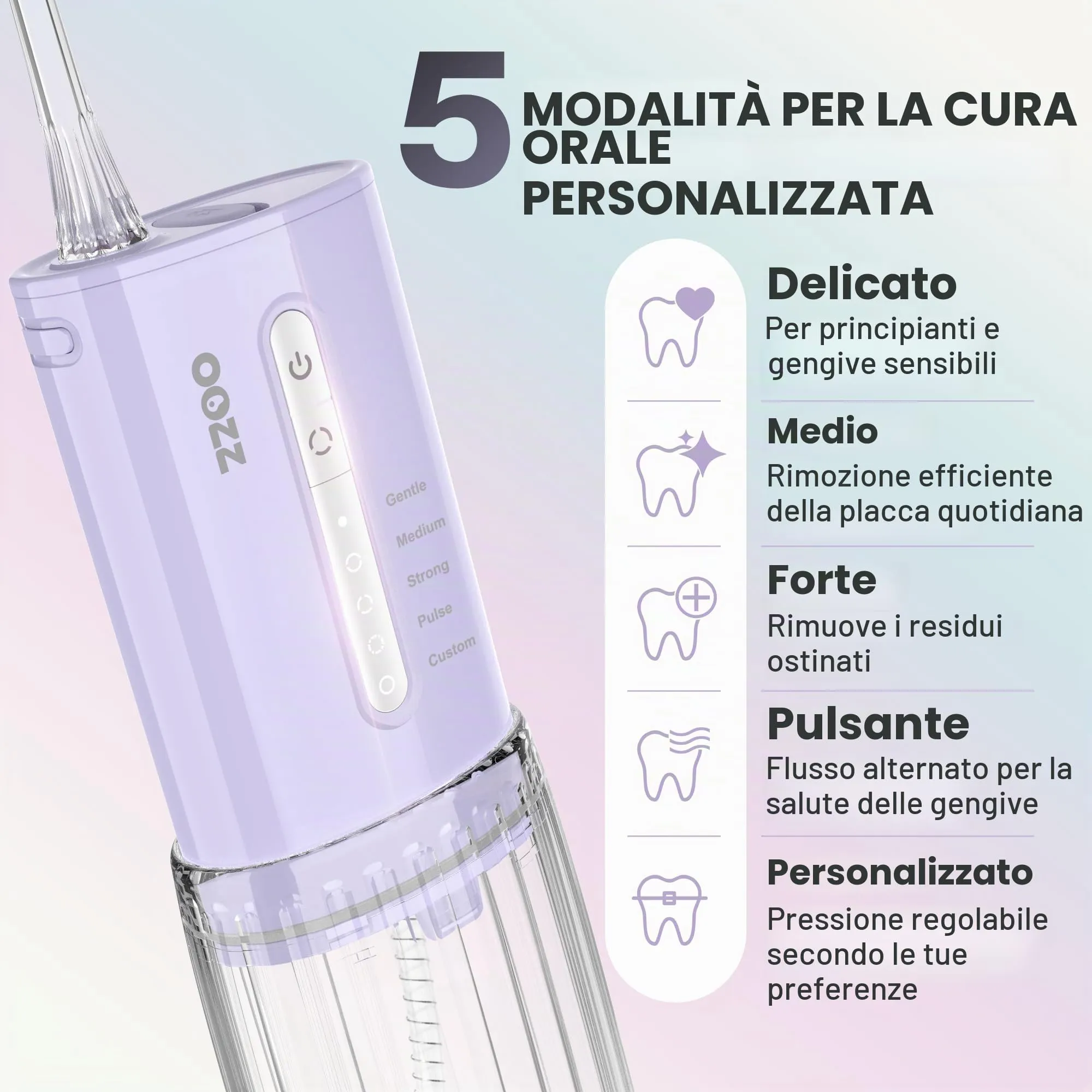 OOZZ Idropulsore da viaggio senza fili, 5 modalità di pressione, 6 ugelli, ricaricabile USB, Viola Sfumato - immagine 2