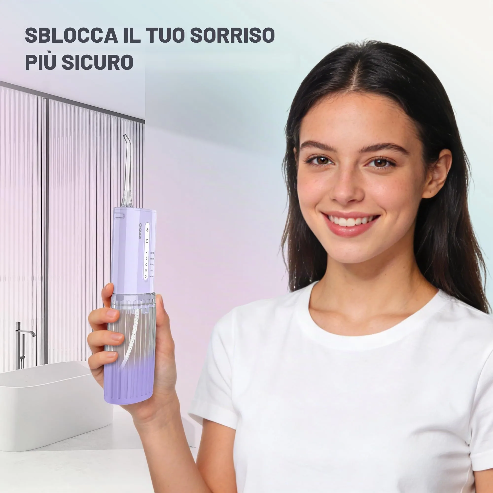 OOZZ Idropulsore da viaggio senza fili, 5 modalità di pressione, 6 ugelli, ricaricabile USB, Viola Sfumato - immagine 3