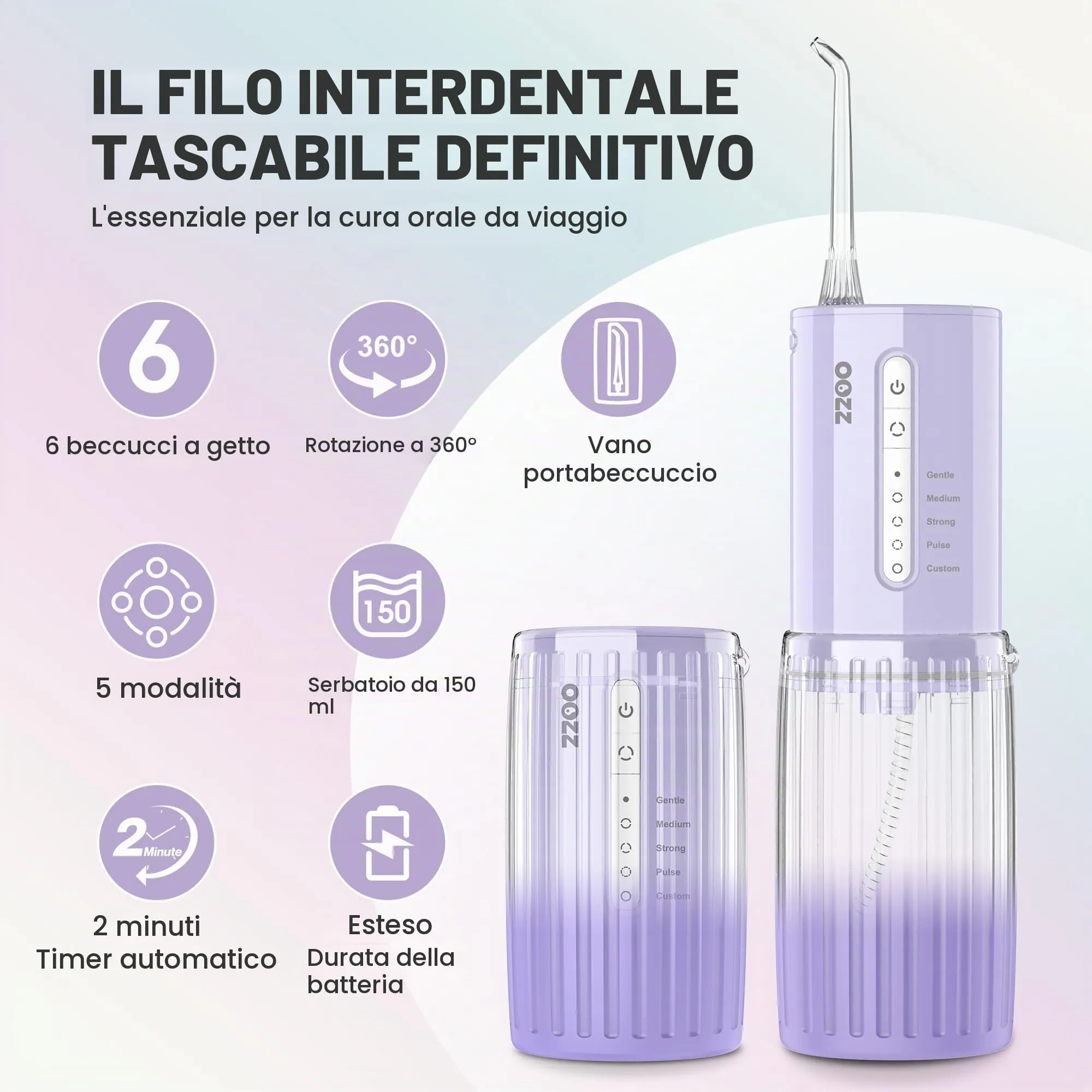 OOZZ Idropulsore da viaggio senza fili, 5 modalità di pressione, 6 ugelli, ricaricabile USB, Viola Sfumato - immagine 4