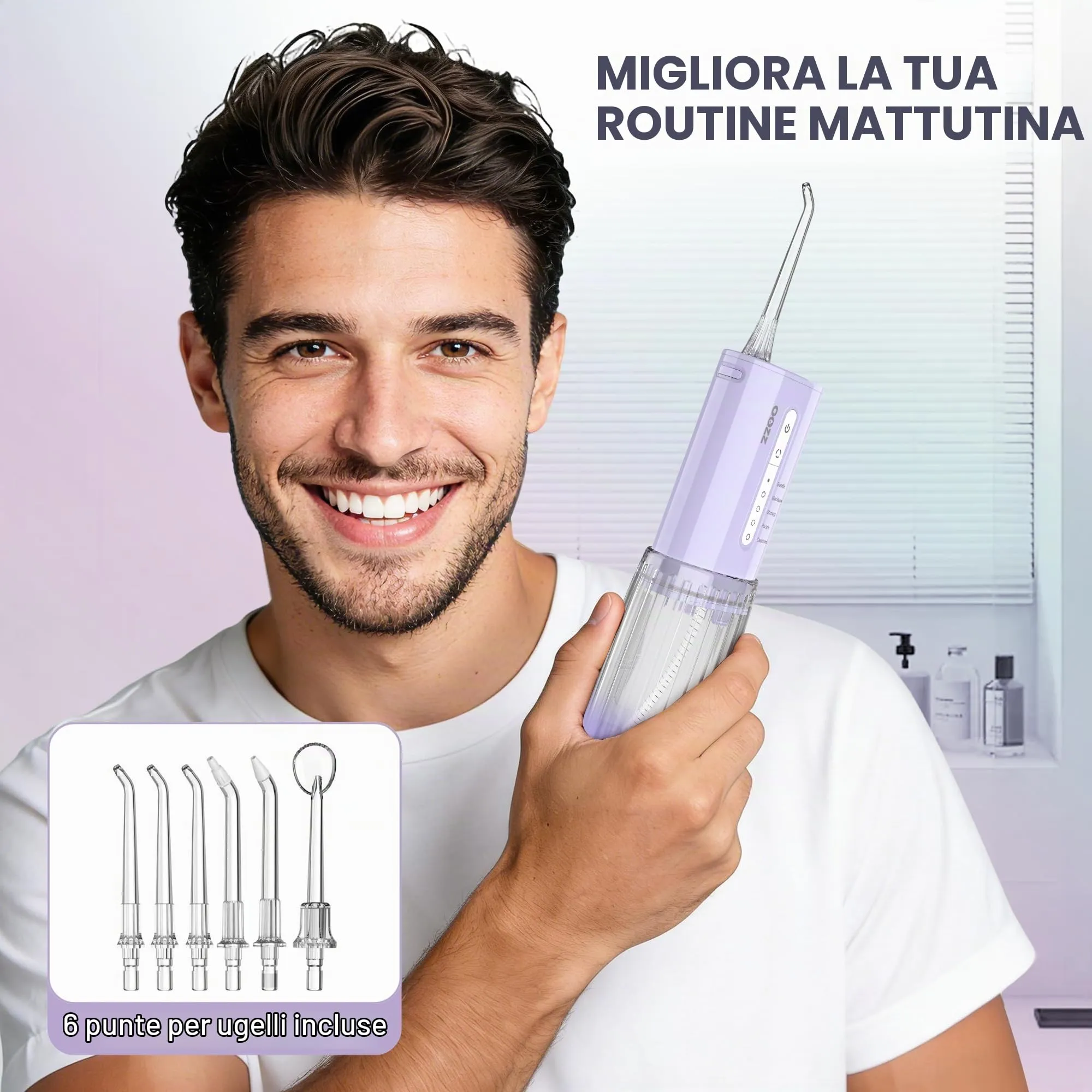 OOZZ Idropulsore da viaggio senza fili, 5 modalità di pressione, 6 ugelli, ricaricabile USB, Viola Sfumato - immagine 6