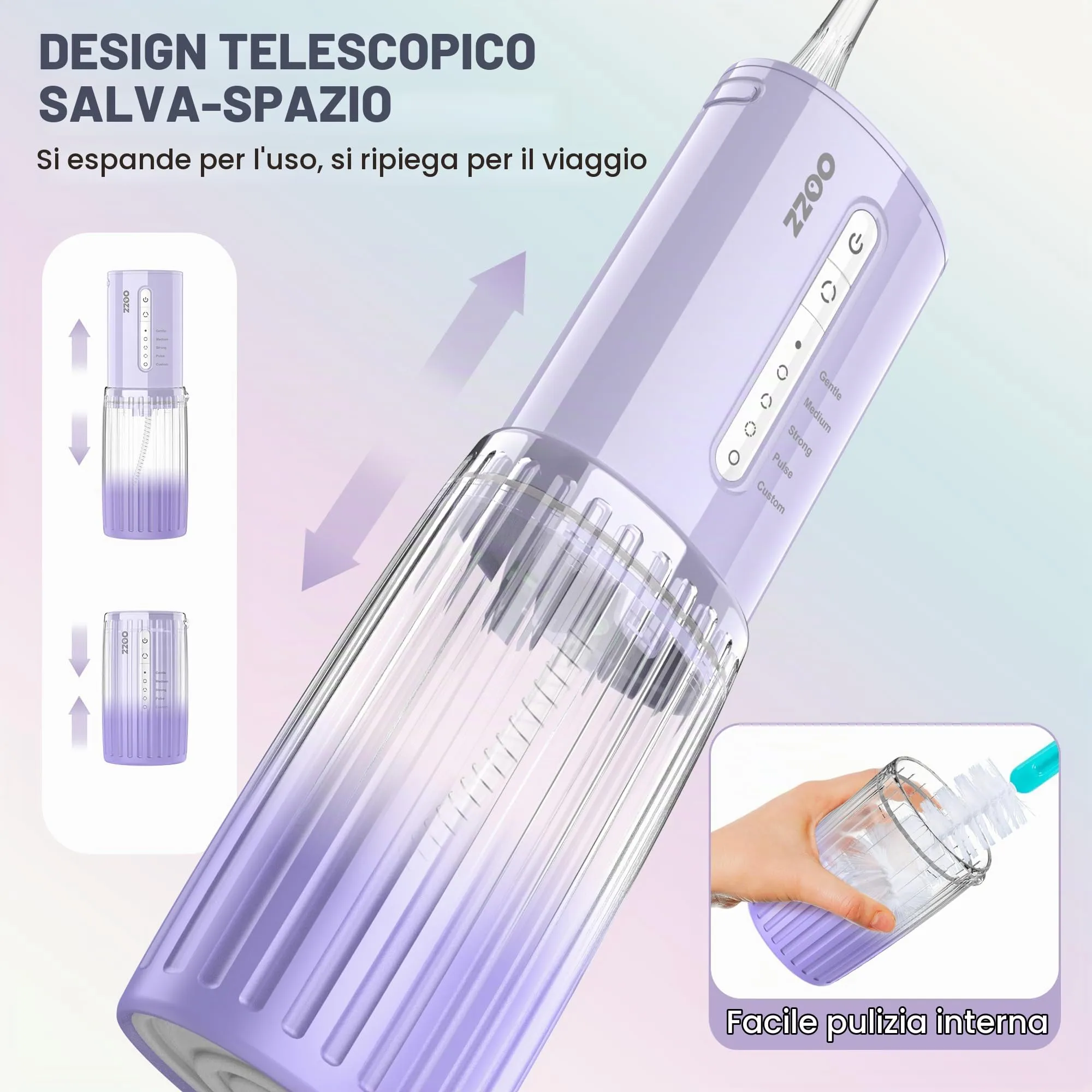OOZZ Idropulsore da viaggio senza fili, 5 modalità di pressione, 6 ugelli, ricaricabile USB, Viola Sfumato - immagine 7