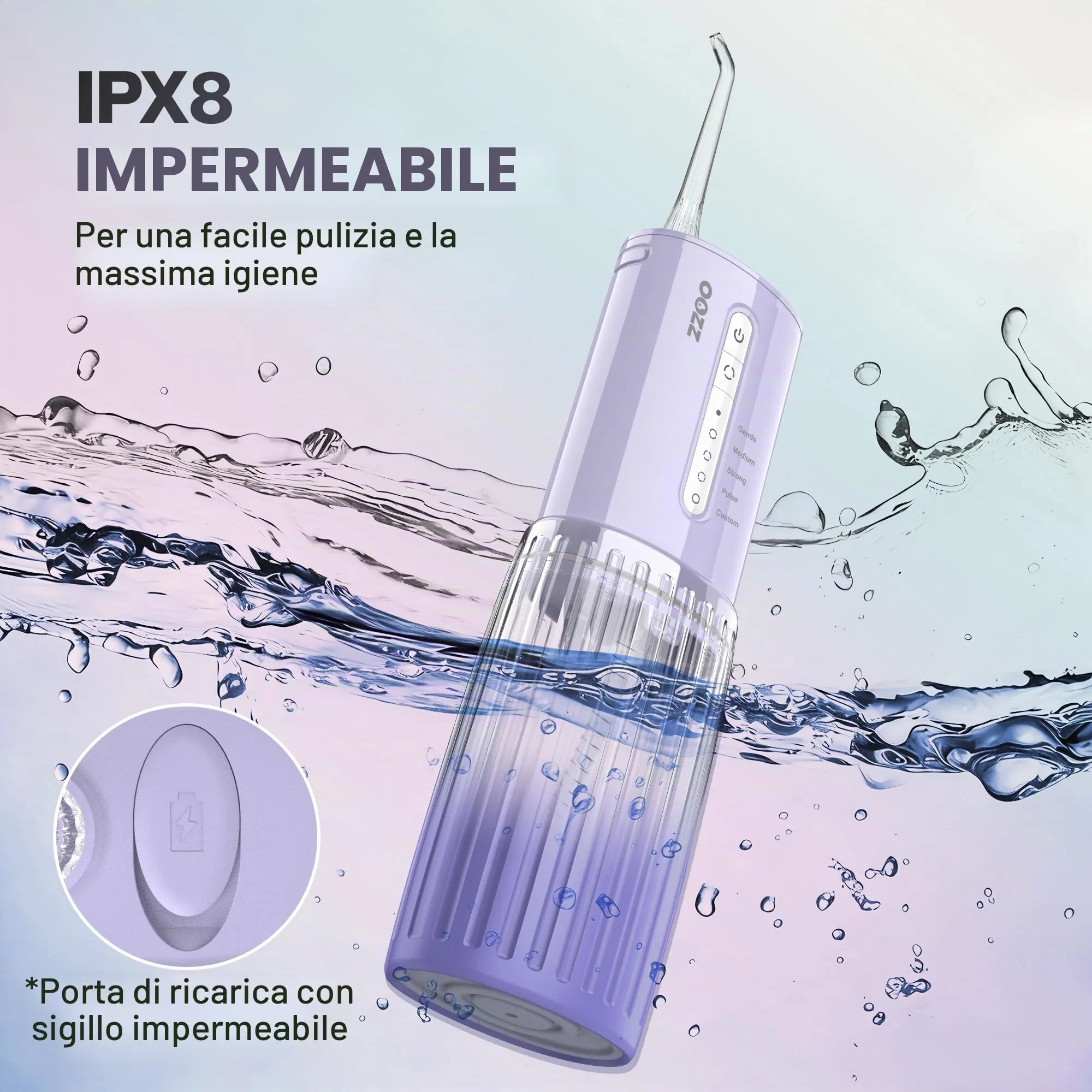 OOZZ Idropulsore da viaggio senza fili, 5 modalità di pressione, 6 ugelli, ricaricabile USB, Viola Sfumato - immagine 8