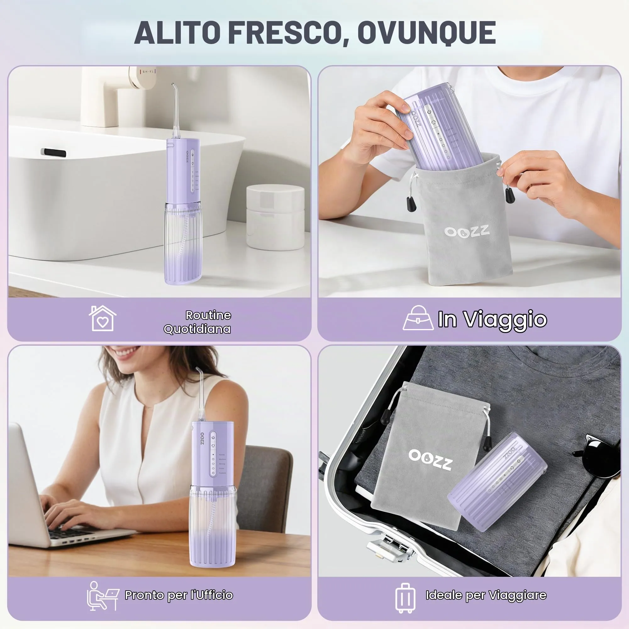 OOZZ Idropulsore da viaggio senza fili, 5 modalità di pressione, 6 ugelli, ricaricabile USB, Viola Sfumato - immagine 9