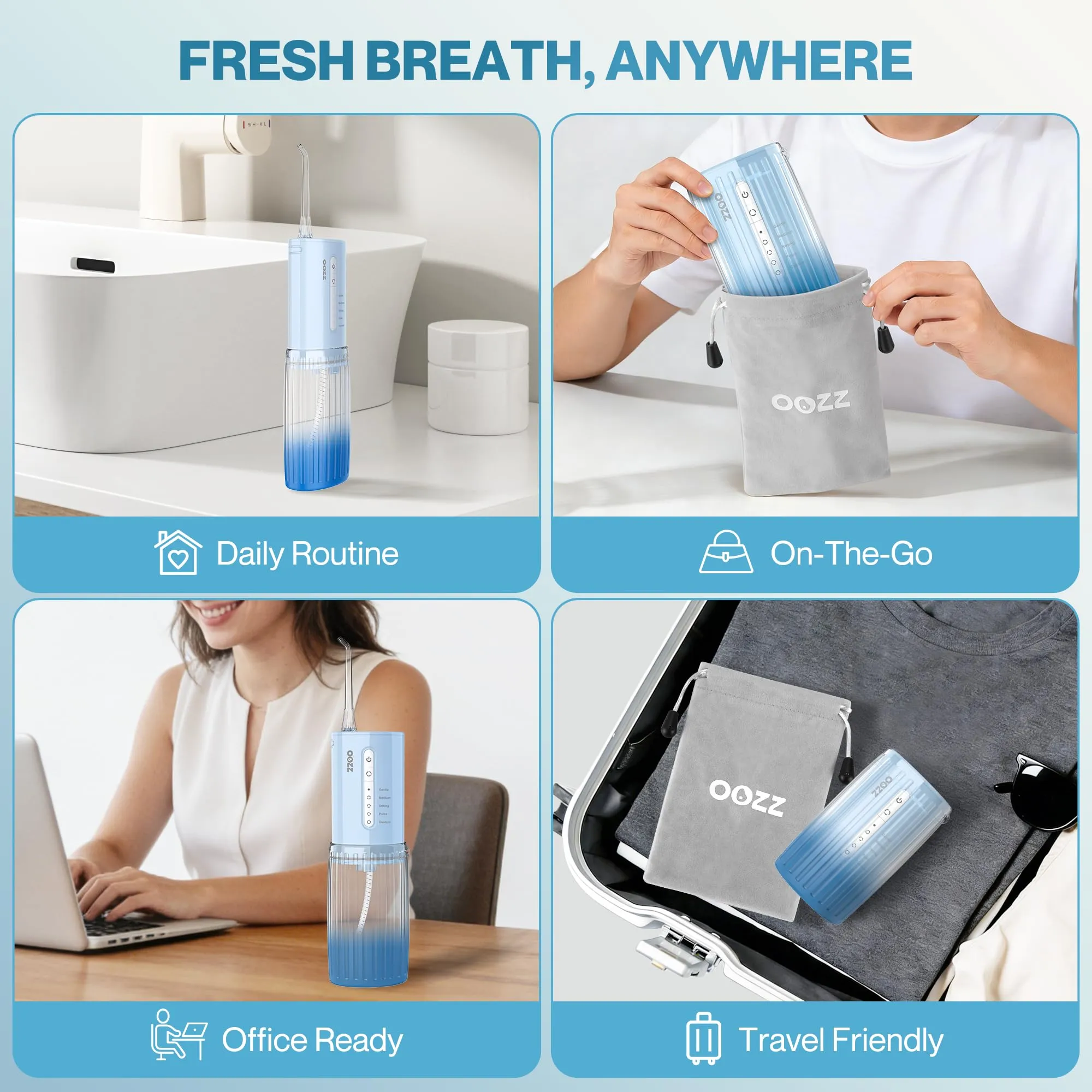OOZZ Idropulsore da viaggio senza fili, 5 modalità di pressione, 6 ugelli, ricaricabile USB (Blu Sfumato) - immagine 9
