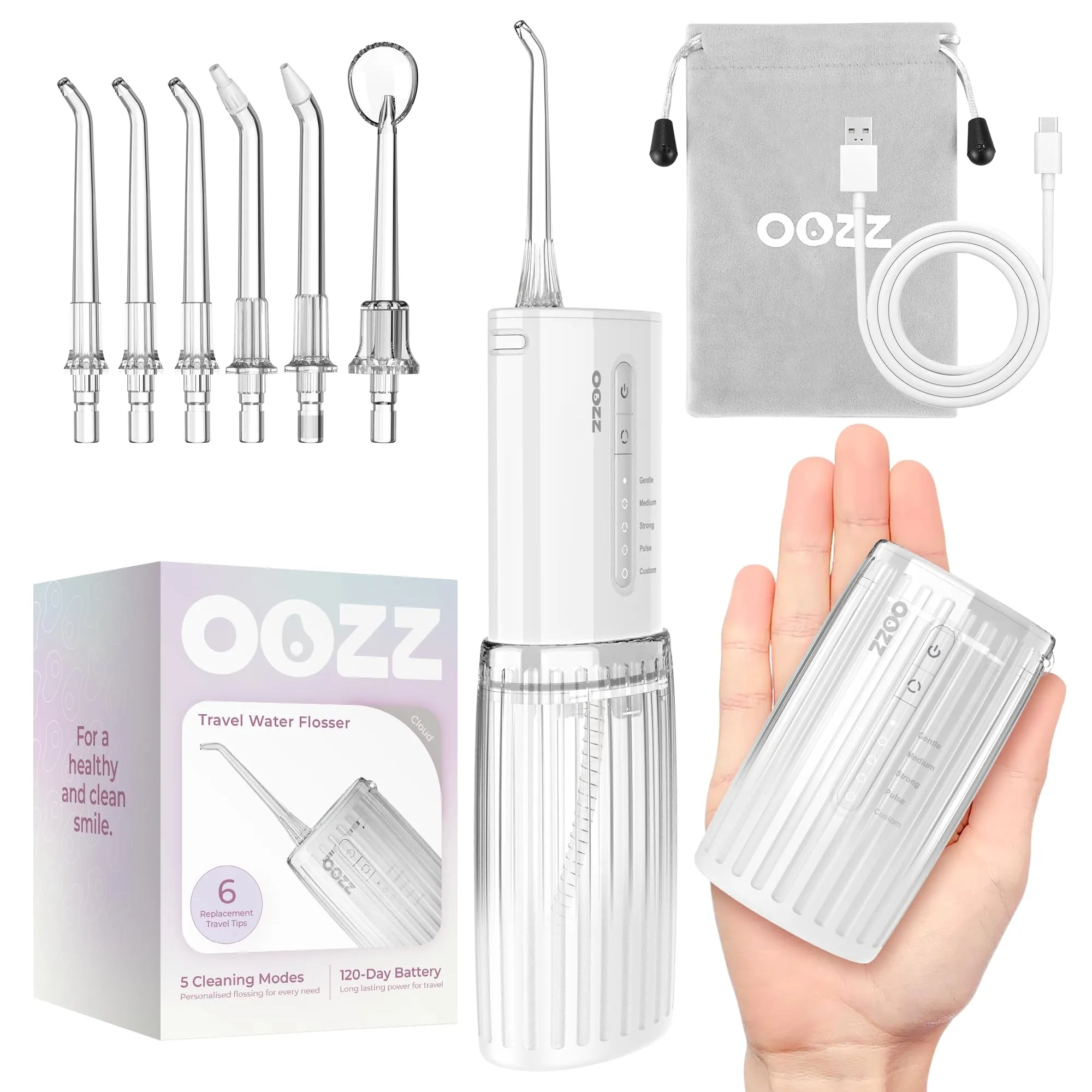 OOZZ Idropulsore da viaggio, irrigatore orale tascabile senza fili, 5 modalità di pressione, 6 ugelli, ricaricabile USB (Cloud) - immagine 1