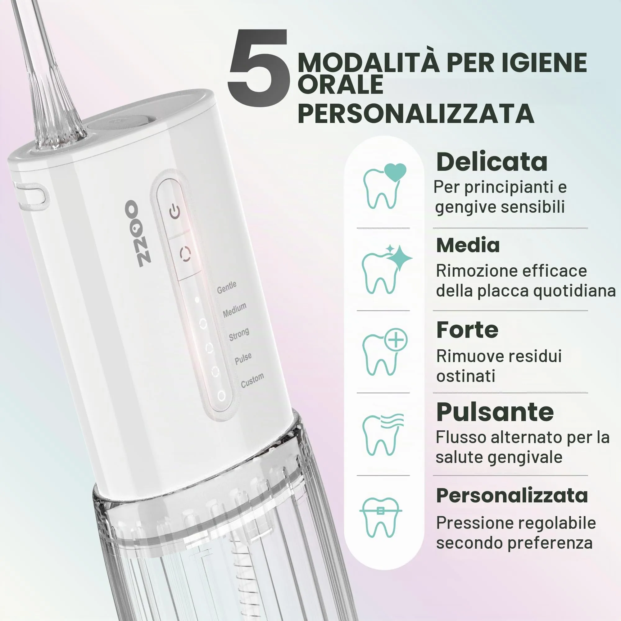 OOZZ Idropulsore da viaggio, irrigatore orale tascabile senza fili, 5 modalità di pressione, 6 ugelli, ricaricabile USB (Cloud) - immagine 2