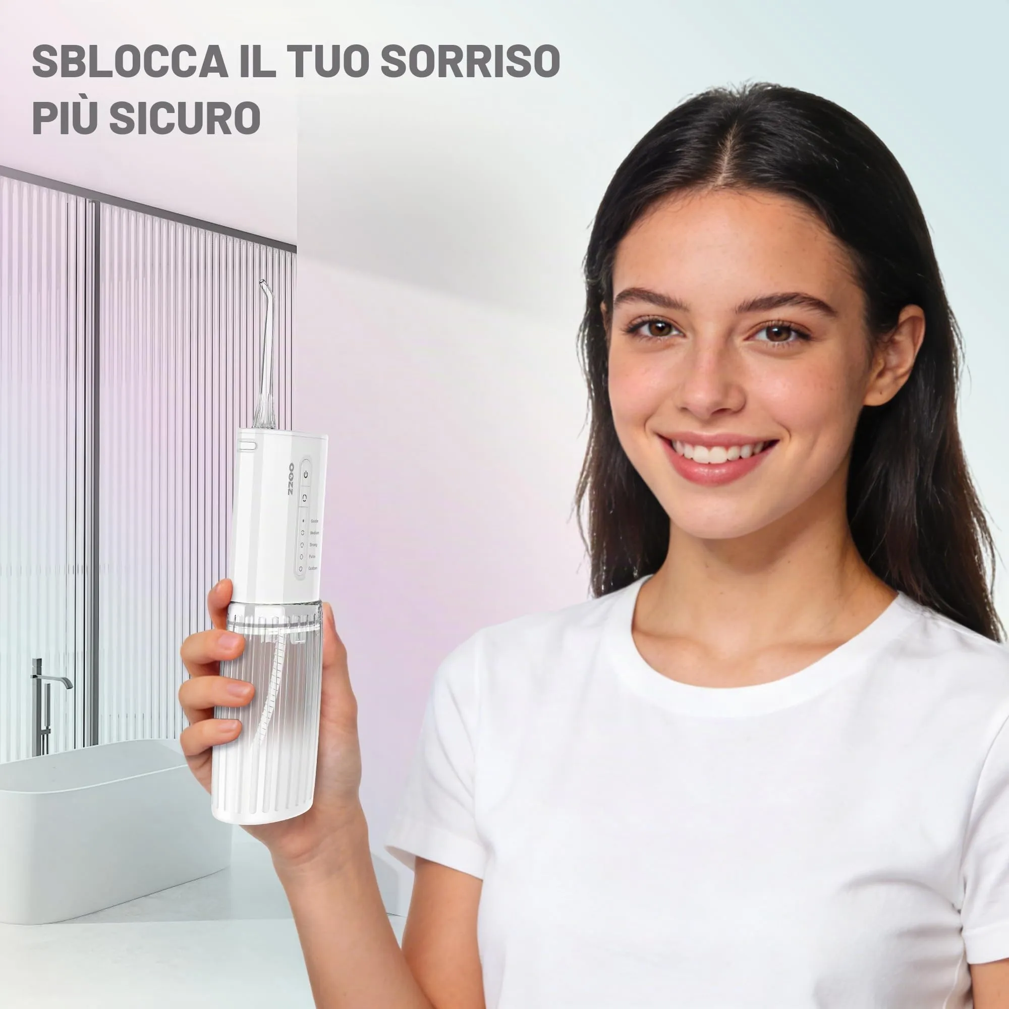 OOZZ Idropulsore da viaggio, irrigatore orale tascabile senza fili, 5 modalità di pressione, 6 ugelli, ricaricabile USB (Cloud) - immagine 3