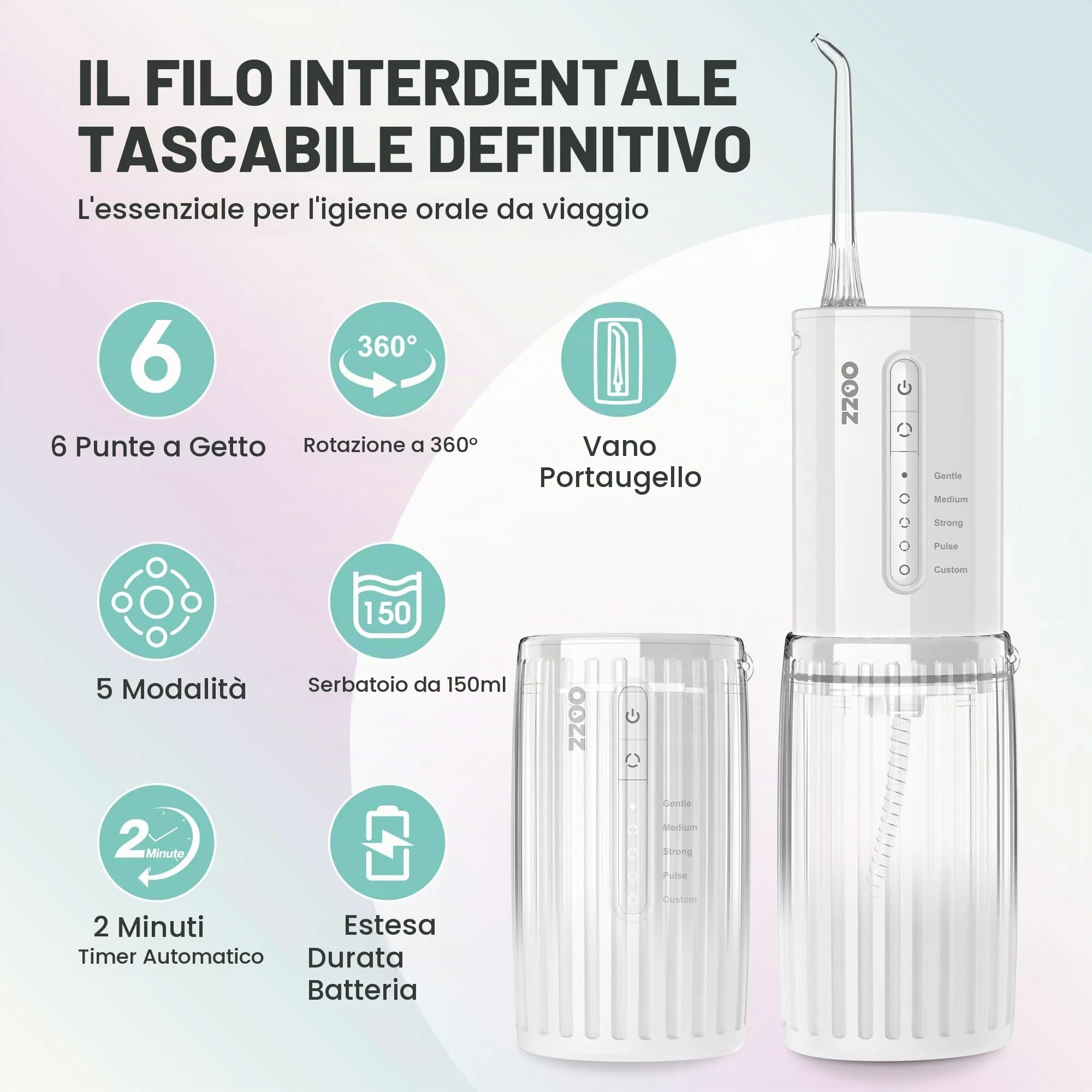 OOZZ Idropulsore da viaggio, irrigatore orale tascabile senza fili, 5 modalità di pressione, 6 ugelli, ricaricabile USB (Cloud) - immagine 4