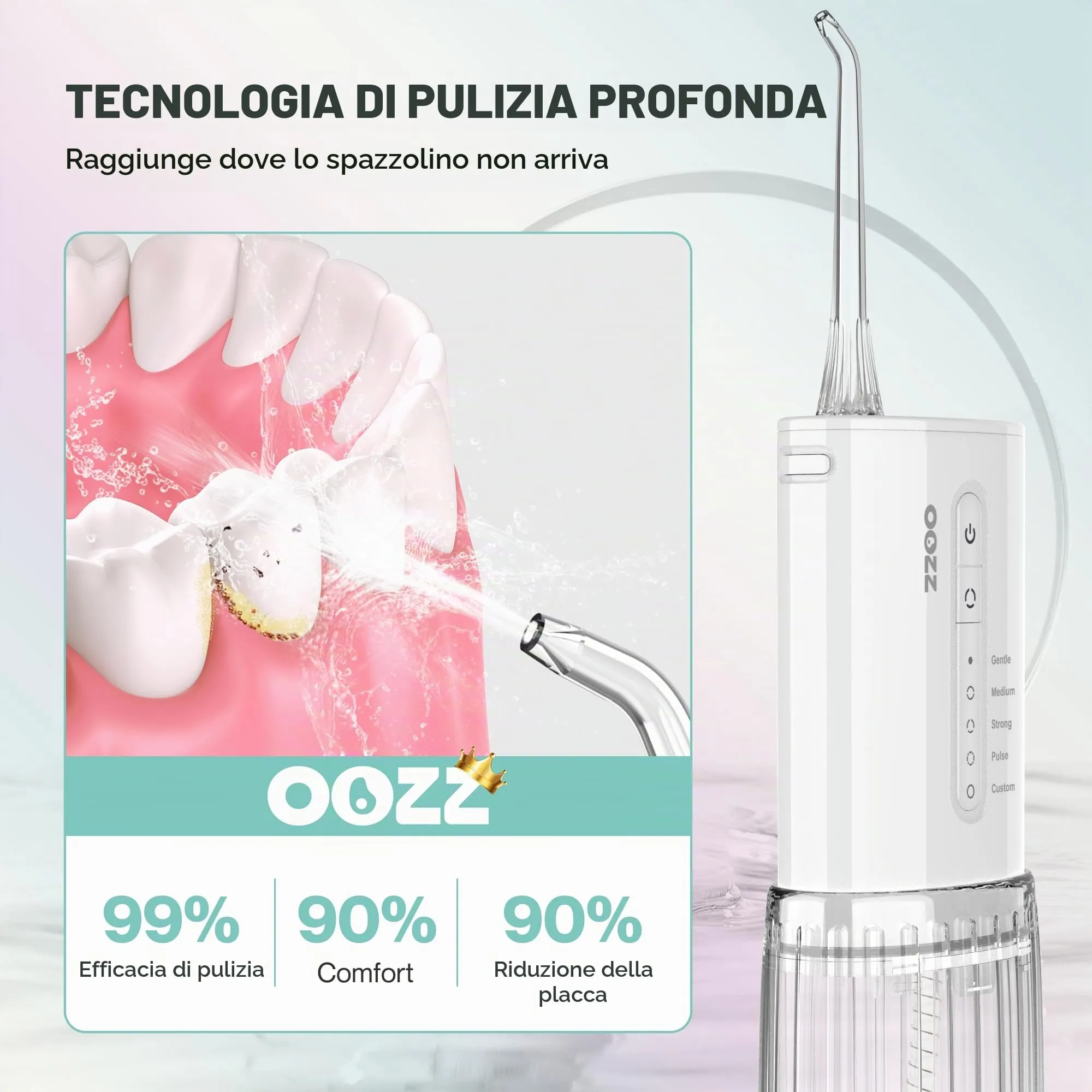 OOZZ Idropulsore da viaggio, irrigatore orale tascabile senza fili, 5 modalità di pressione, 6 ugelli, ricaricabile USB (Cloud) - immagine 5