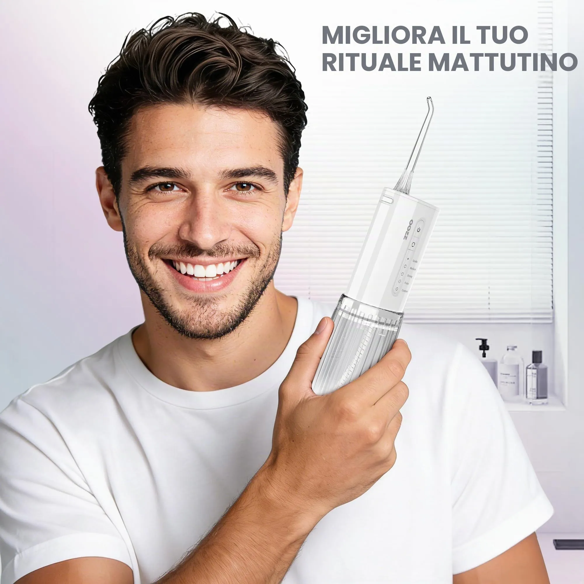 OOZZ Idropulsore da viaggio, irrigatore orale tascabile senza fili, 5 modalità di pressione, 6 ugelli, ricaricabile USB (Cloud) - immagine 6