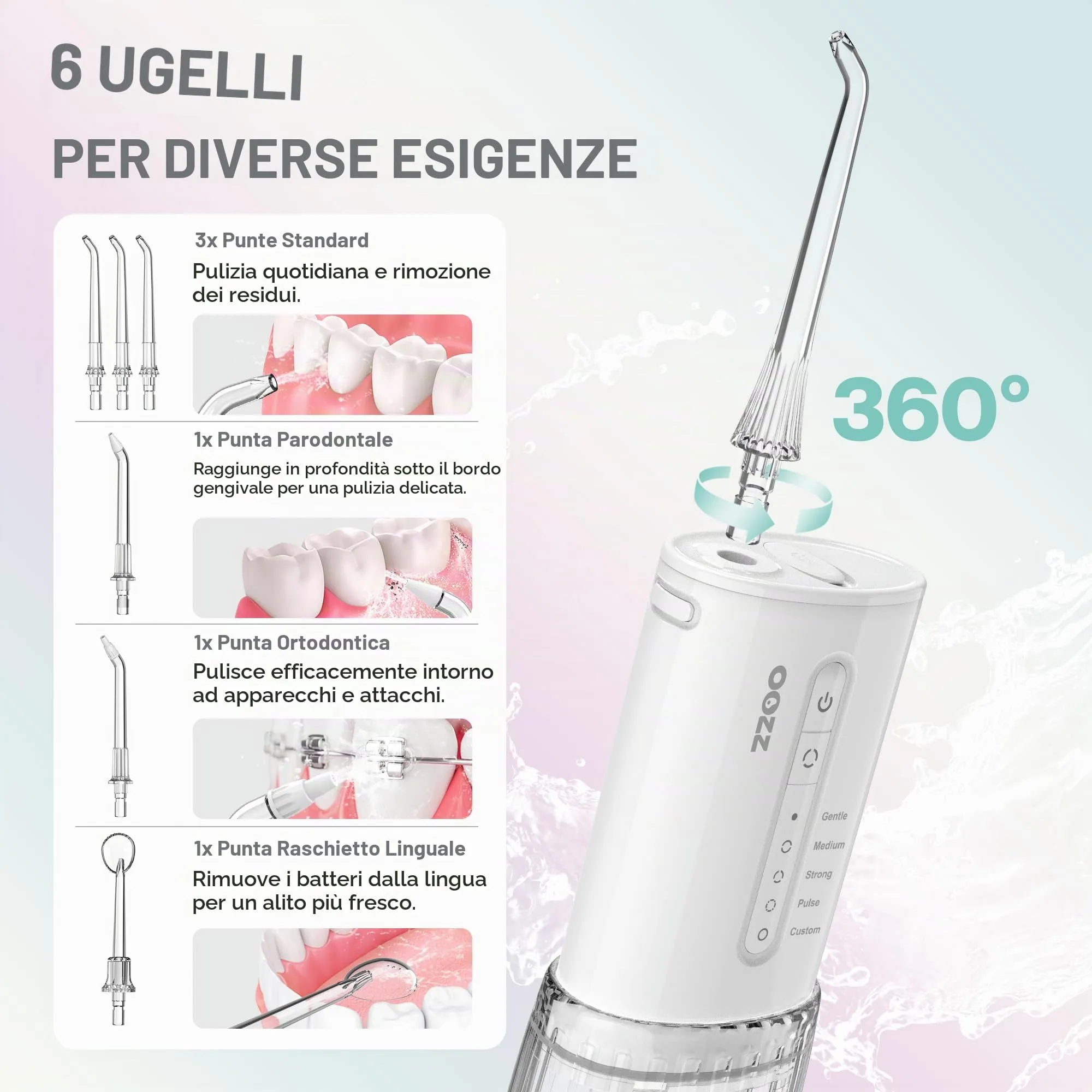 OOZZ Idropulsore da viaggio, irrigatore orale tascabile senza fili, 5 modalità di pressione, 6 ugelli, ricaricabile USB (Cloud) - immagine 7