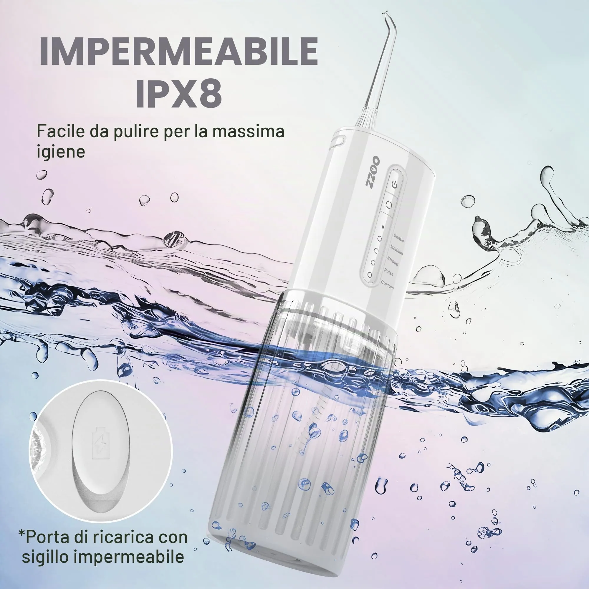 OOZZ Idropulsore da viaggio, irrigatore orale tascabile senza fili, 5 modalità di pressione, 6 ugelli, ricaricabile USB (Cloud) - immagine 8