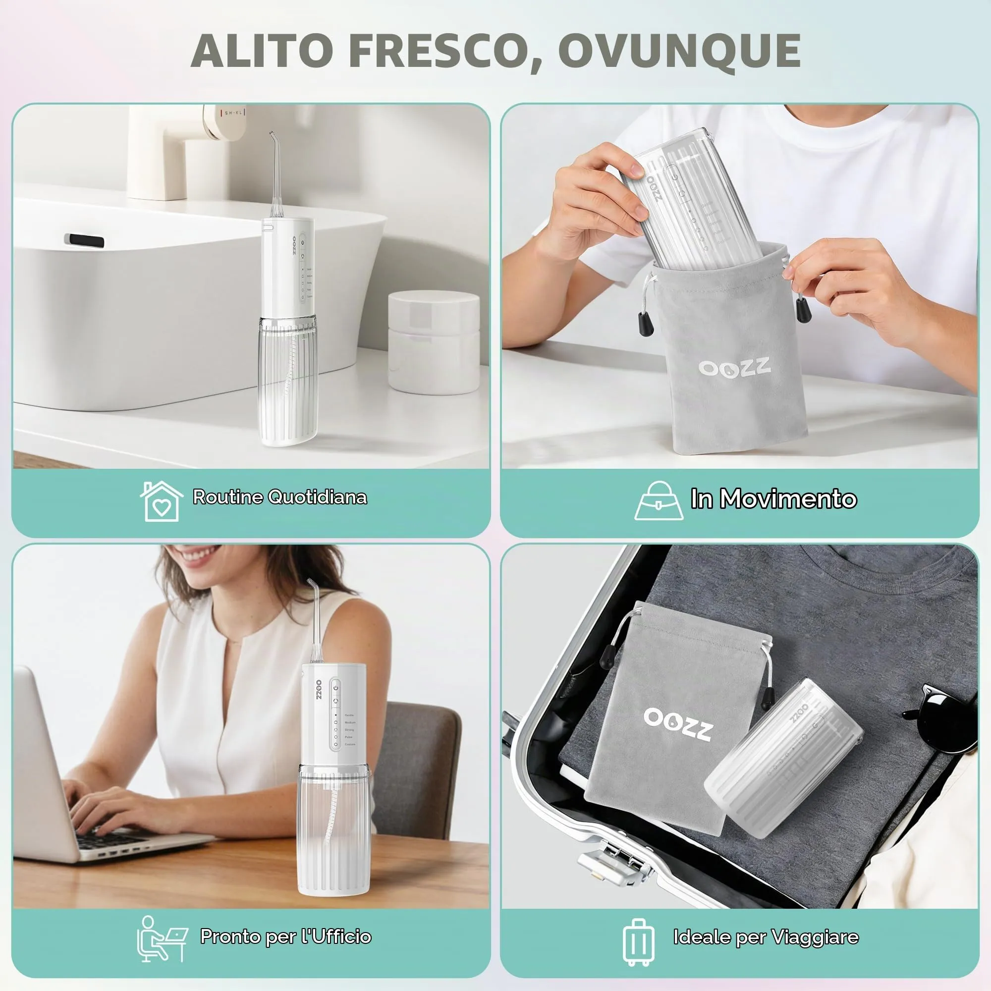 OOZZ Idropulsore da viaggio, irrigatore orale tascabile senza fili, 5 modalità di pressione, 6 ugelli, ricaricabile USB (Cloud) - immagine 9