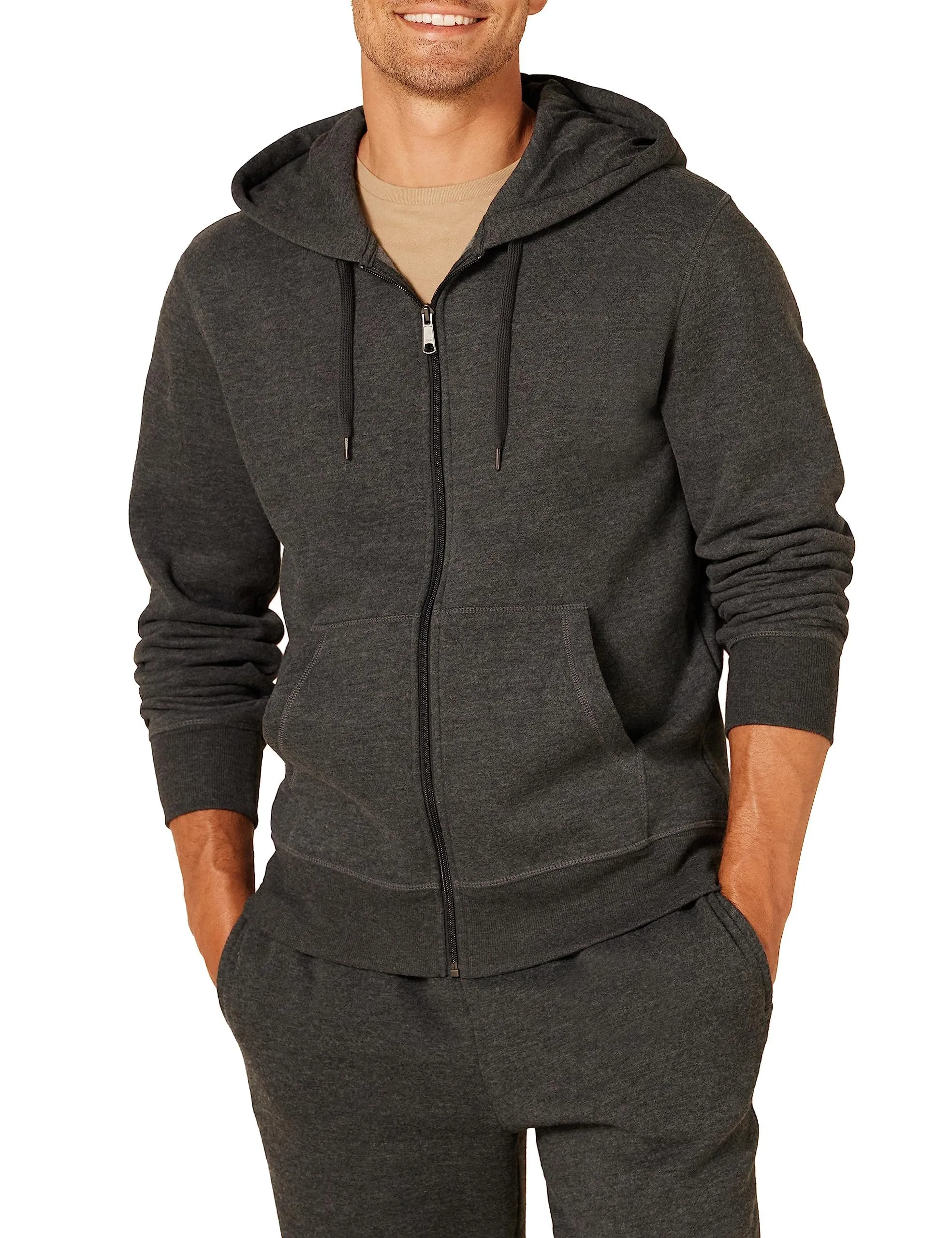 Amazon Essentials Felpa con Cappuccio in Pile con Zip Intera Uomo, Carbone Puntinato, S - immagine 1