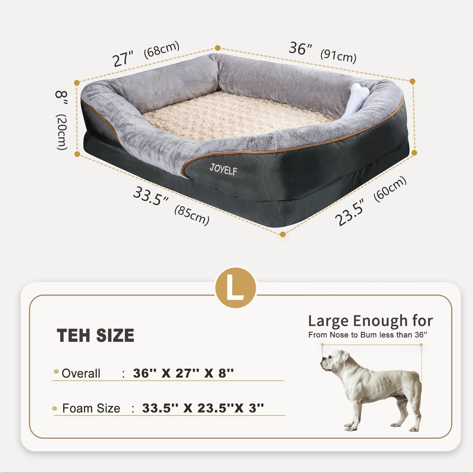 JOYELF Cuccia ortopedica per cani in memory foam con copertura rimovibile e lavabile e giocattolo con sonaglio, Grigio, 91 x 68 x 20 cm - immagine 2