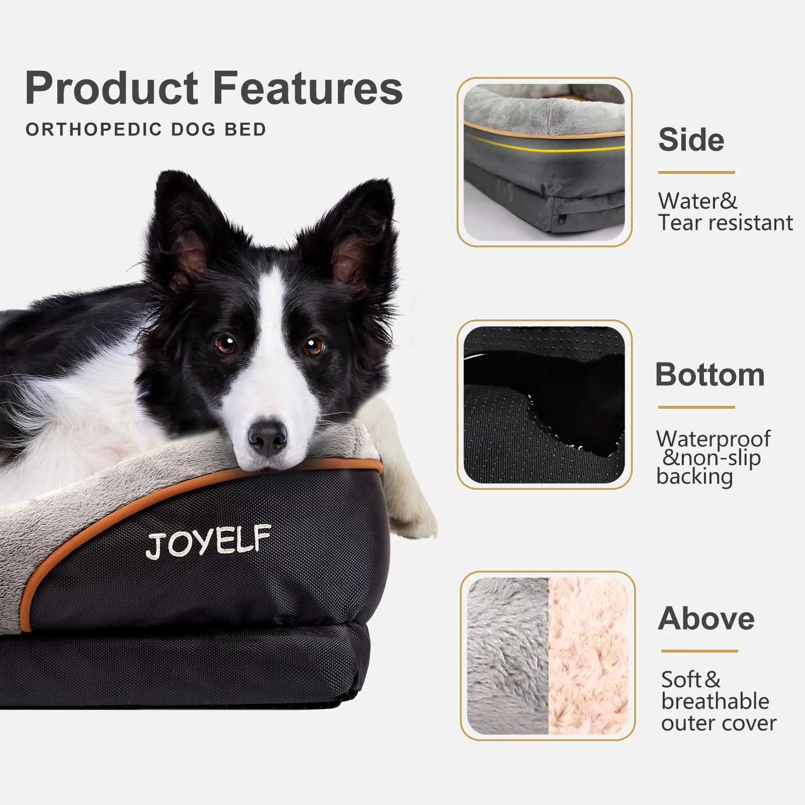 JOYELF Cuccia ortopedica per cani in memory foam con copertura rimovibile e lavabile e giocattolo con sonaglio, Grigio, 91 x 68 x 20 cm - immagine 3