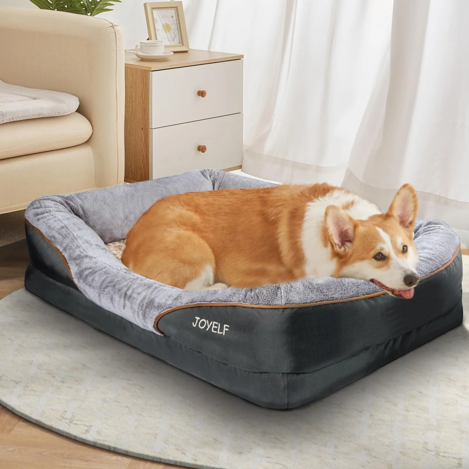 JOYELF Cuccia ortopedica per cani in memory foam con copertura rimovibile e lavabile e giocattolo con sonaglio, Grigio, 91 x 68 x 20 cm - immagine 8