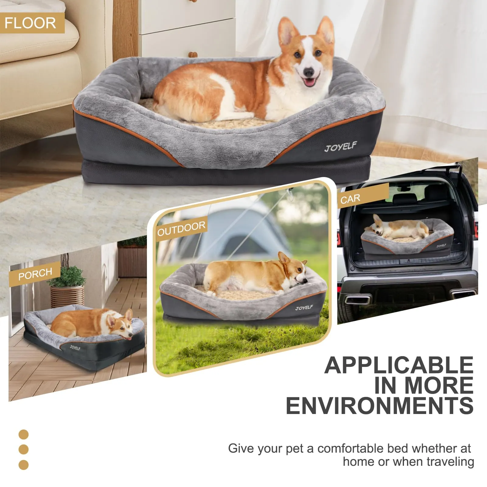 JOYELF Cuccia ortopedica per cani in memory foam con copertura rimovibile e lavabile, 68 x 50 x 15 cm, Grigio - immagine 6