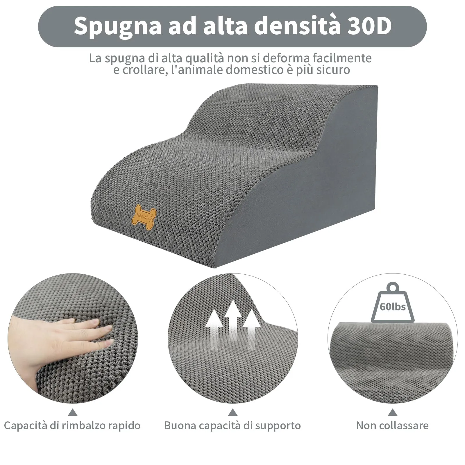 Nepfaivy Scaletta per Cani e Gatti con Copertura Rimovibile e Lavabile, Grigio, 2 Passi - immagine 2
