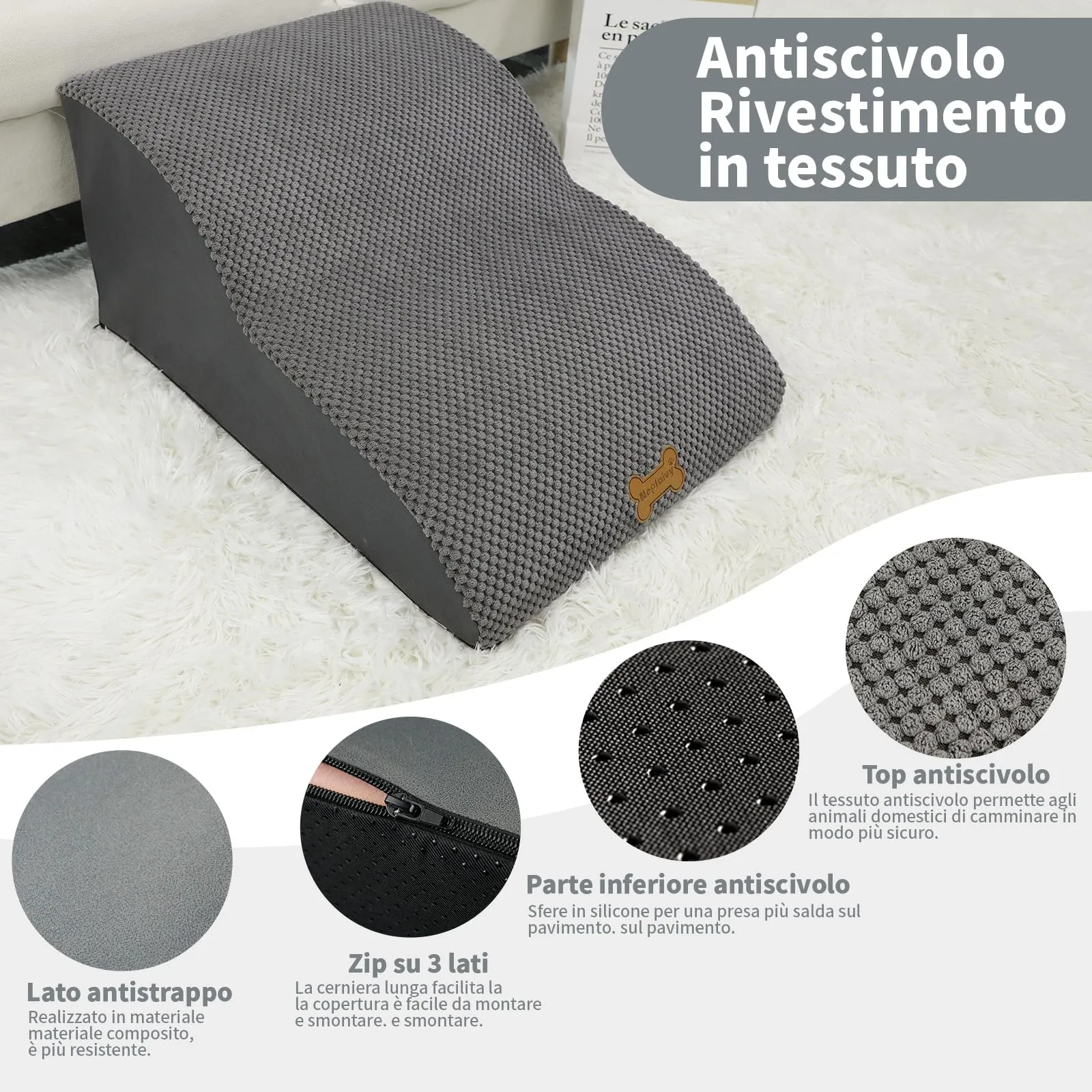 Nepfaivy Scaletta per Cani e Gatti con Copertura Rimovibile e Lavabile, Grigio, 2 Passi - immagine 3