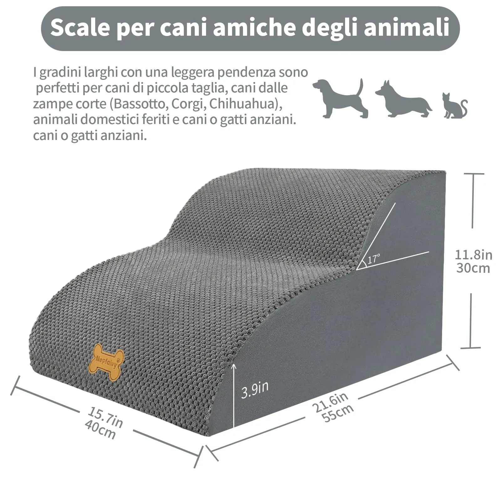 Nepfaivy Scaletta per Cani e Gatti con Copertura Rimovibile e Lavabile, Grigio, 2 Passi - immagine 4