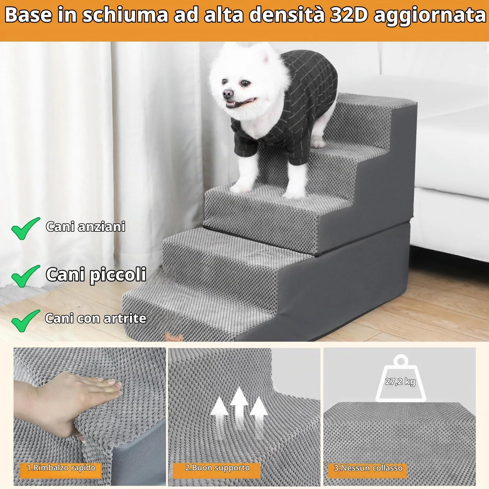 Nepfaivy Scaletta per Cani e Gatti, 5 Gradini, Copertura Rimovibile e Lavabile, Grigio, 76x40x56cm - immagine 2